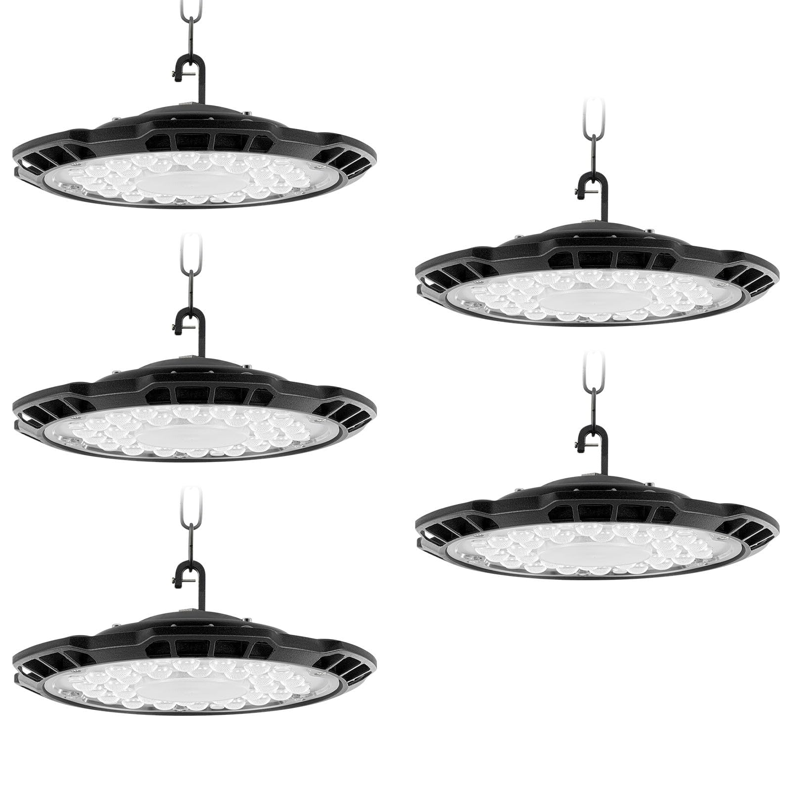 Sararoom 150W UFO LED Hallenleuchte 15000LM Hallenstrahler LED Werkstatt Deckenleuchte, 5 Stück 6500K Kaltweiß Werkstattlampe Baustrahler Industrial Kronleuchter Strahler für Garage Warenhaus Fabriken