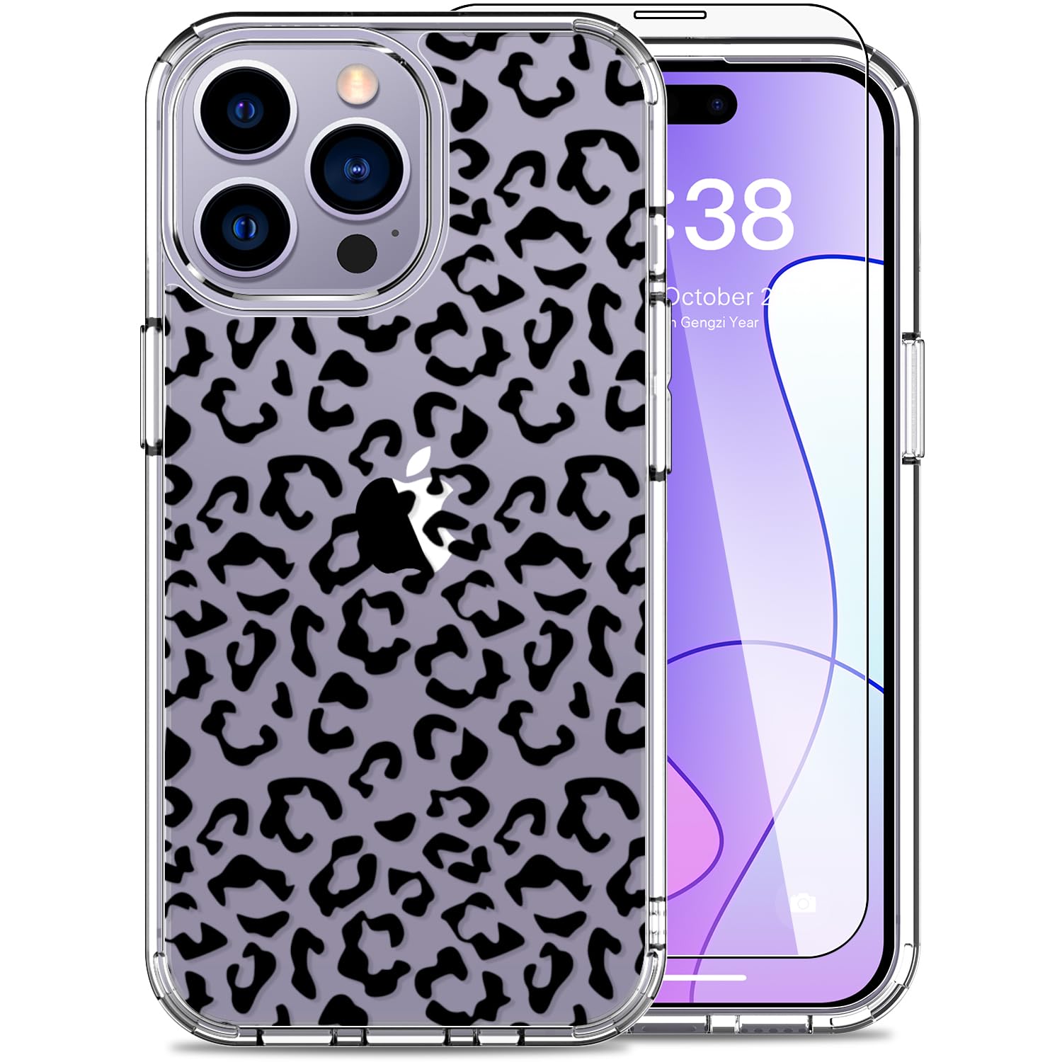 LUHOURI for iPhone 15 Pro Case with Screen Protector - Crystal Clear Cover with Fashionable Designs for Women and Girls - Slim Fit Protective Phone Case 6.1",Unique Leopard Print
