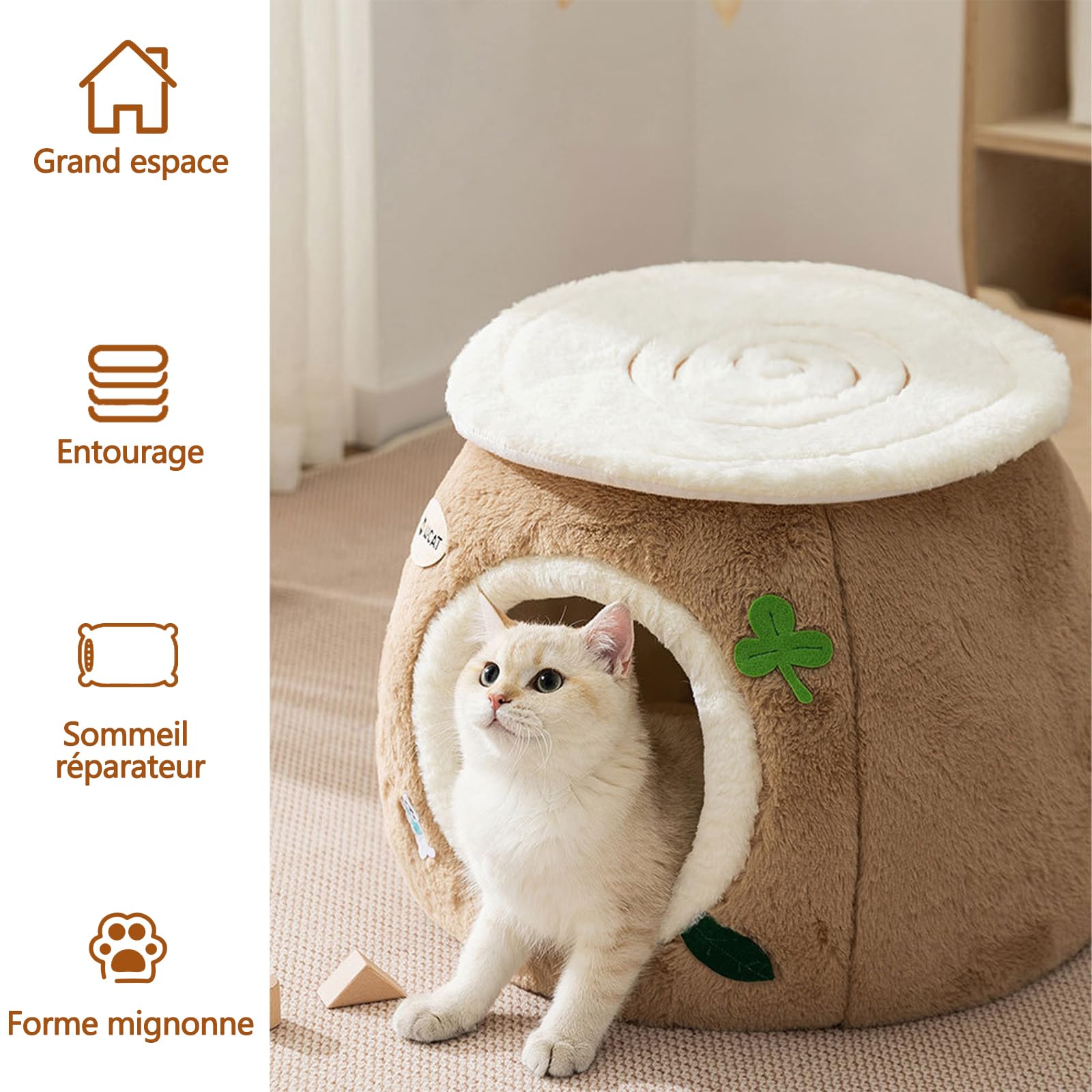 Galatée Niche pour Chat, Lit en Peluche Ultra Doux avec Dessous Antidérapant, Niche pour Chien Au Design Mignon Et Dessin Animé, Nid Spacieux, Tipi pour Chat Chaud Et Confortable(L, Marron)