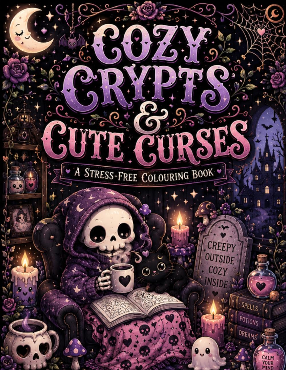 Cozy Crypts & Cute Curses: A Stress Free Colouring Book