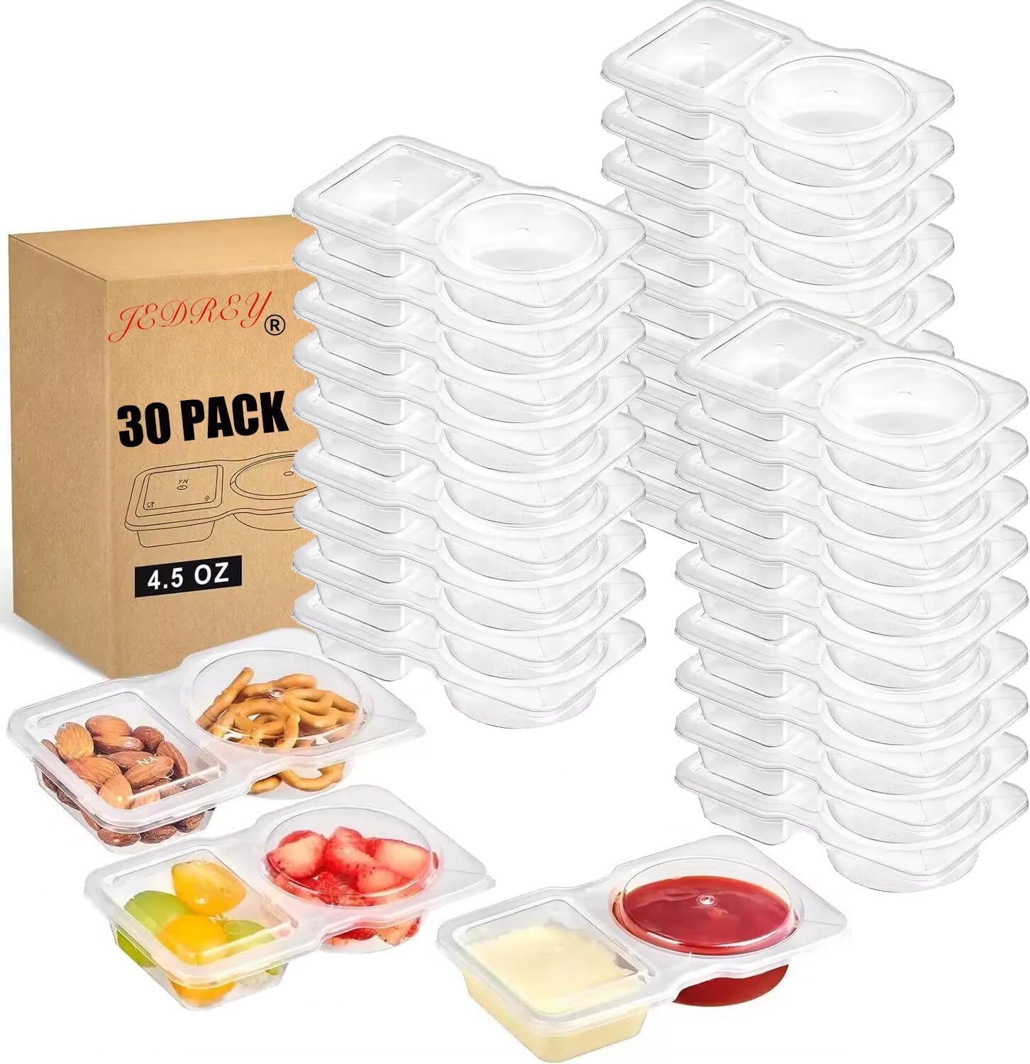Snack containers, reusable snack pack containers with lids, snackle box container, condiment containers with lids, snack containers for kids (Plastic, 30)