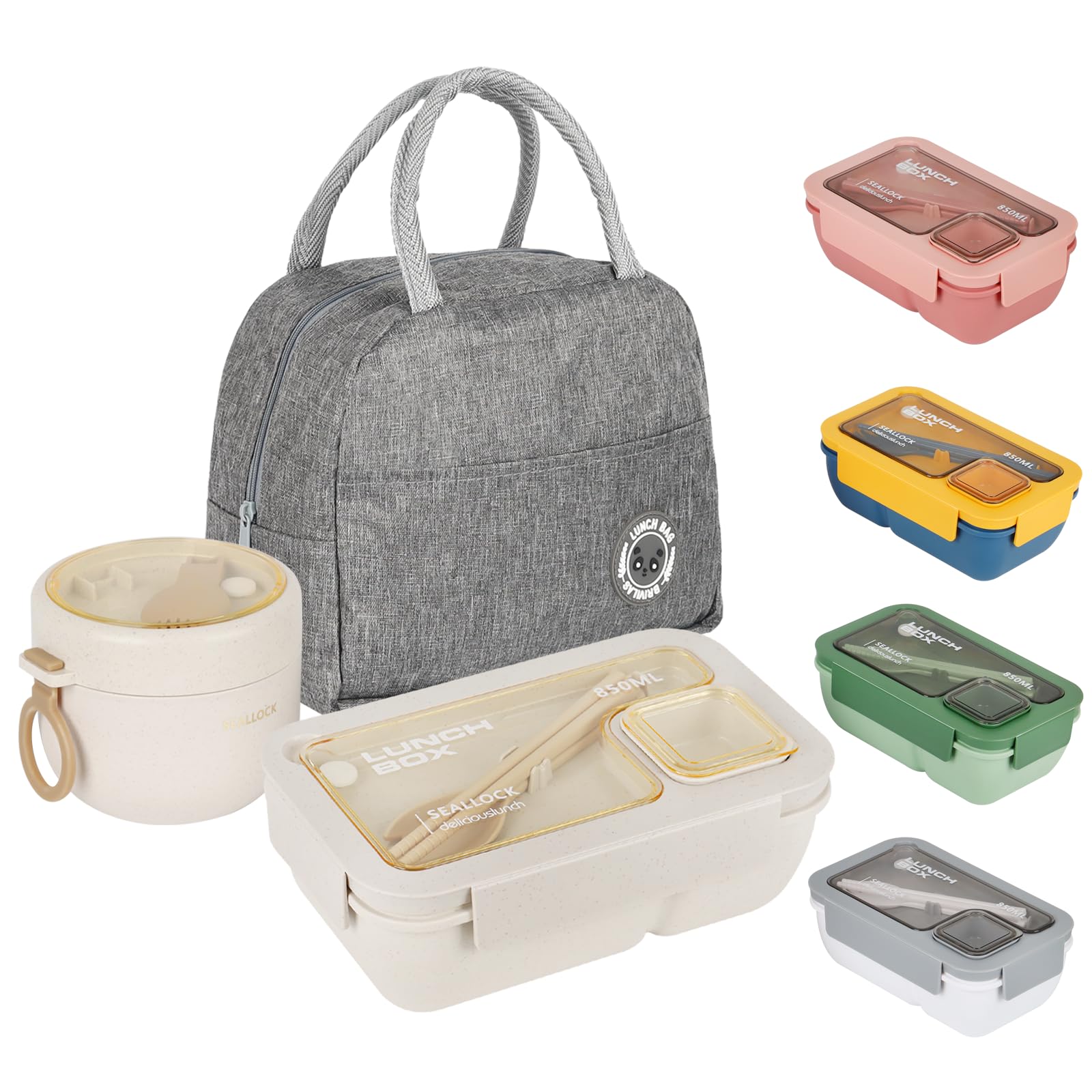 Esilihom Lunch Box Adults, Leakproof Bento Box Set with Lunch Bag, Utensils, Oats Container, for Men Women Student Office School, Food Storage with Fork & Spoon, Beige