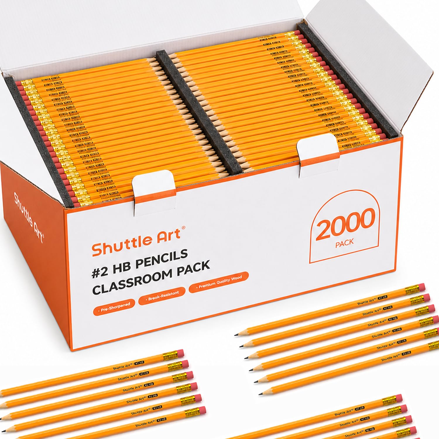 Shuttle Art 2000 Pack #2 HB Pencils Pre-Sharpened, Bulk Pencils with Erasers