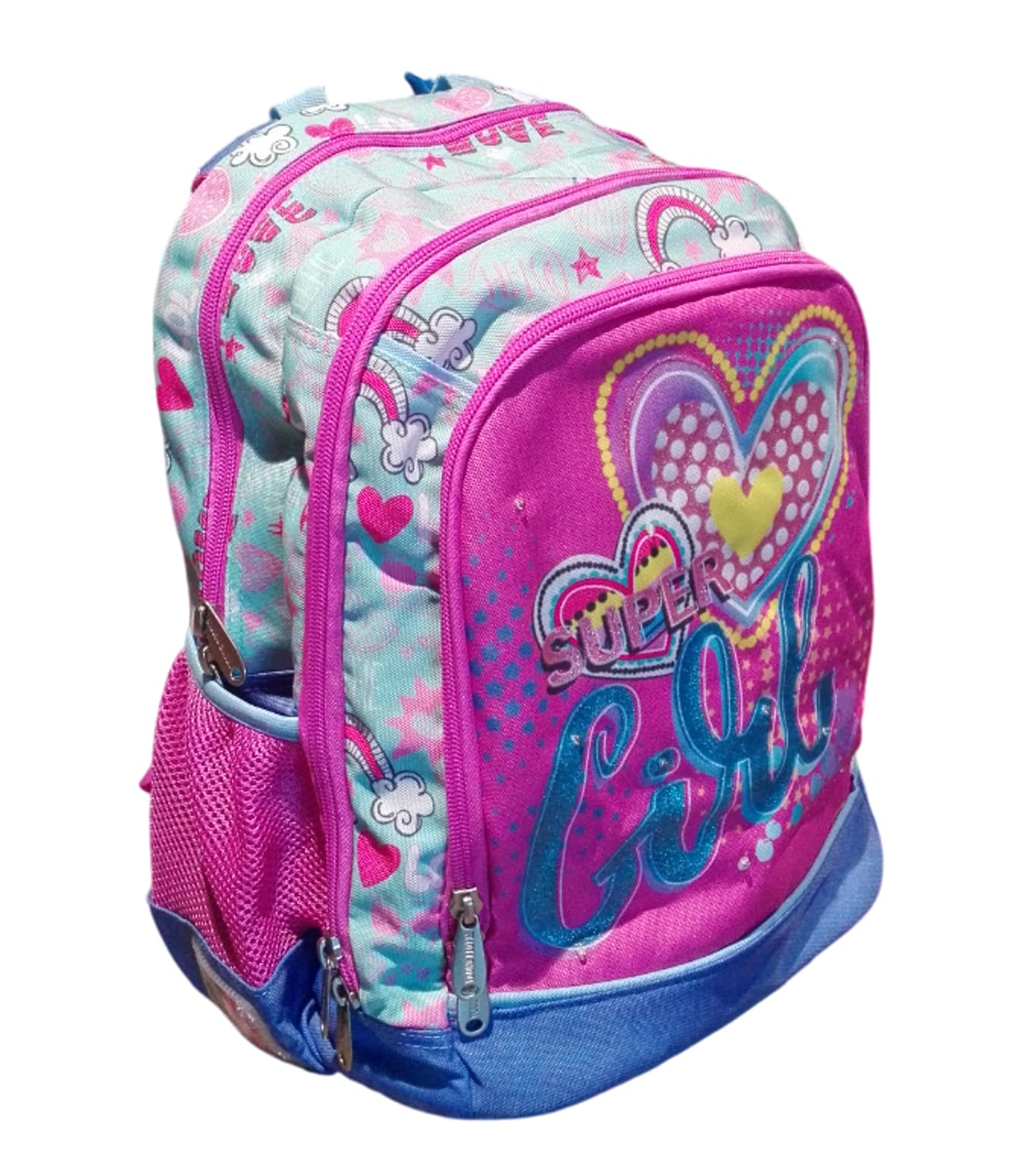 PRESTIGE & DELUXE Runder Schulrucksack Pool Over Super Girl Heart Herz rosa mit Glitzerlichtern für Mädchen Grundschule – 3 Reißverschlussfächer + 7 löschbare Stifte und Schlüsselanhänger mit