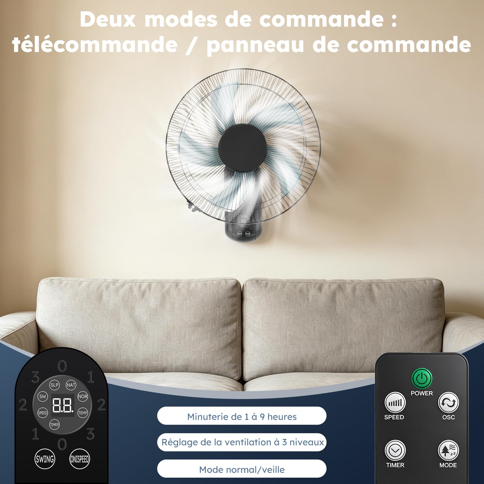 Ventilateur mural avec télécommande, 3 vitesses, oscillation à 90° et minuterie, silencieux pour chambre à coucher, bureau, salon