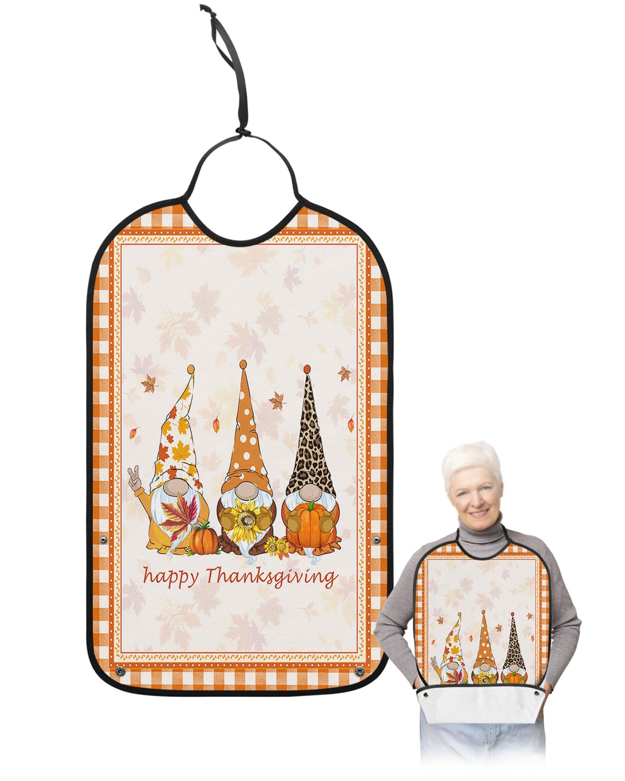 Thanksgiving Adult Bibs for Eating, Waterproof Bibs with Food Catcher & Adjustable Snap Closure, Fall Pumpkin Maple Leaf Gnomes Orange Plaid Clothing Protectors Adult Bibs for Elderly Women/Men