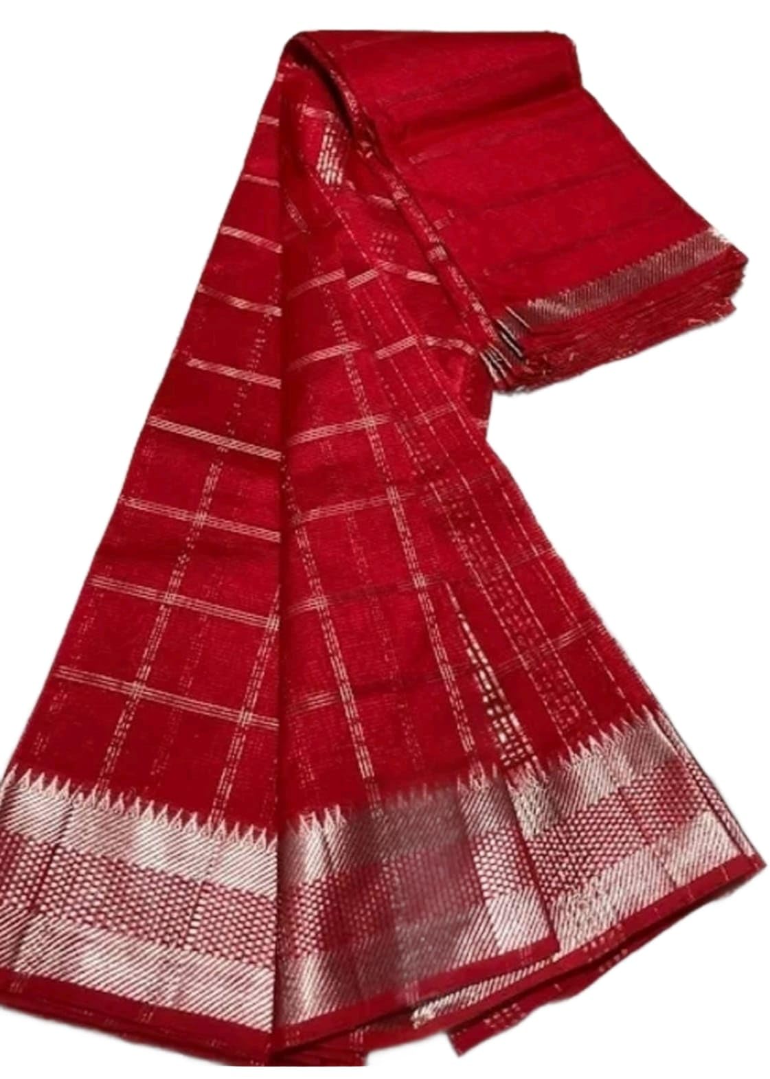 Bhagalpuri Red Boxes Silk Saree with Blouse – Classic Checkered Elegance-image-24