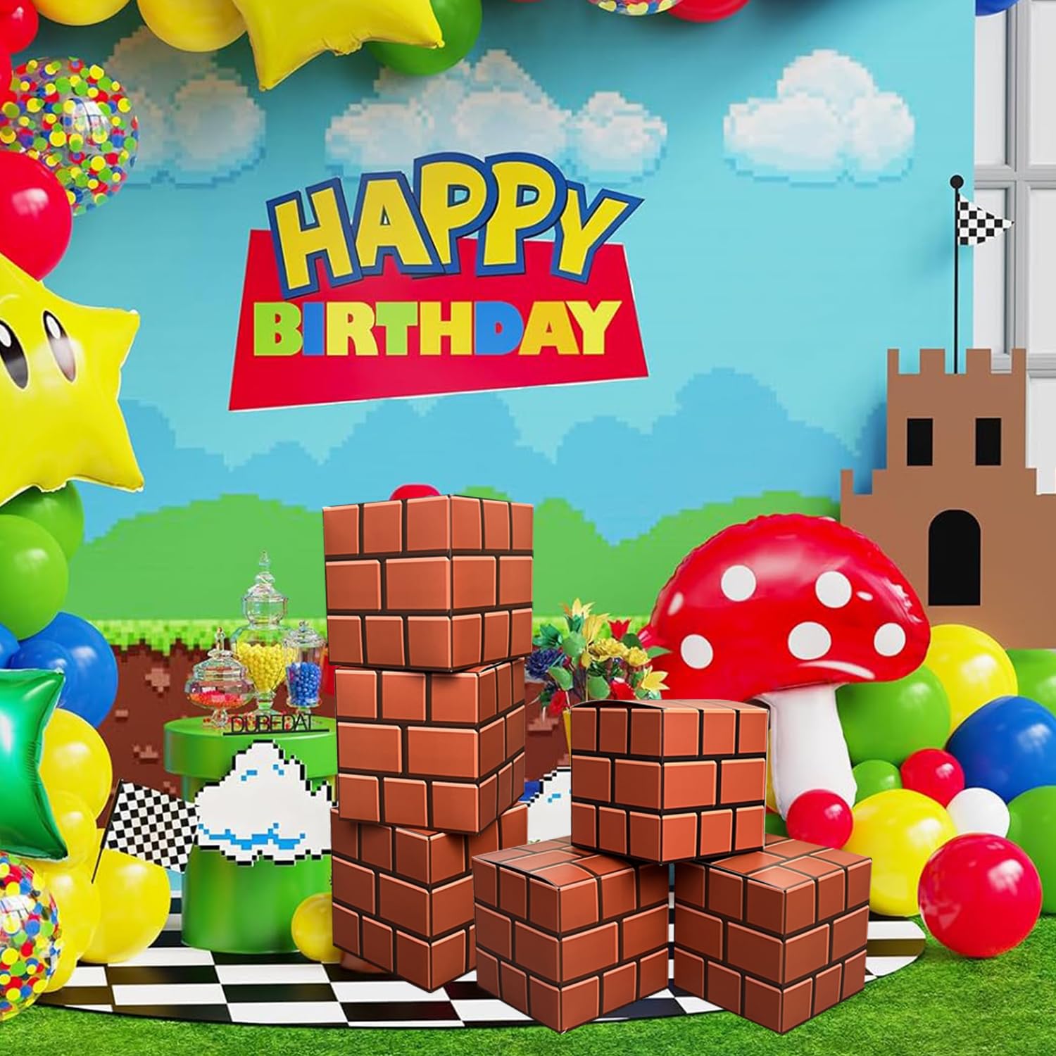 6 cajas de fiesta de ladrillo para decoración de cumpleaños de juegos, centros de mesa de videojuegos de 7.5 pulgadas para niños, decoración de fiesta de cumpleaños