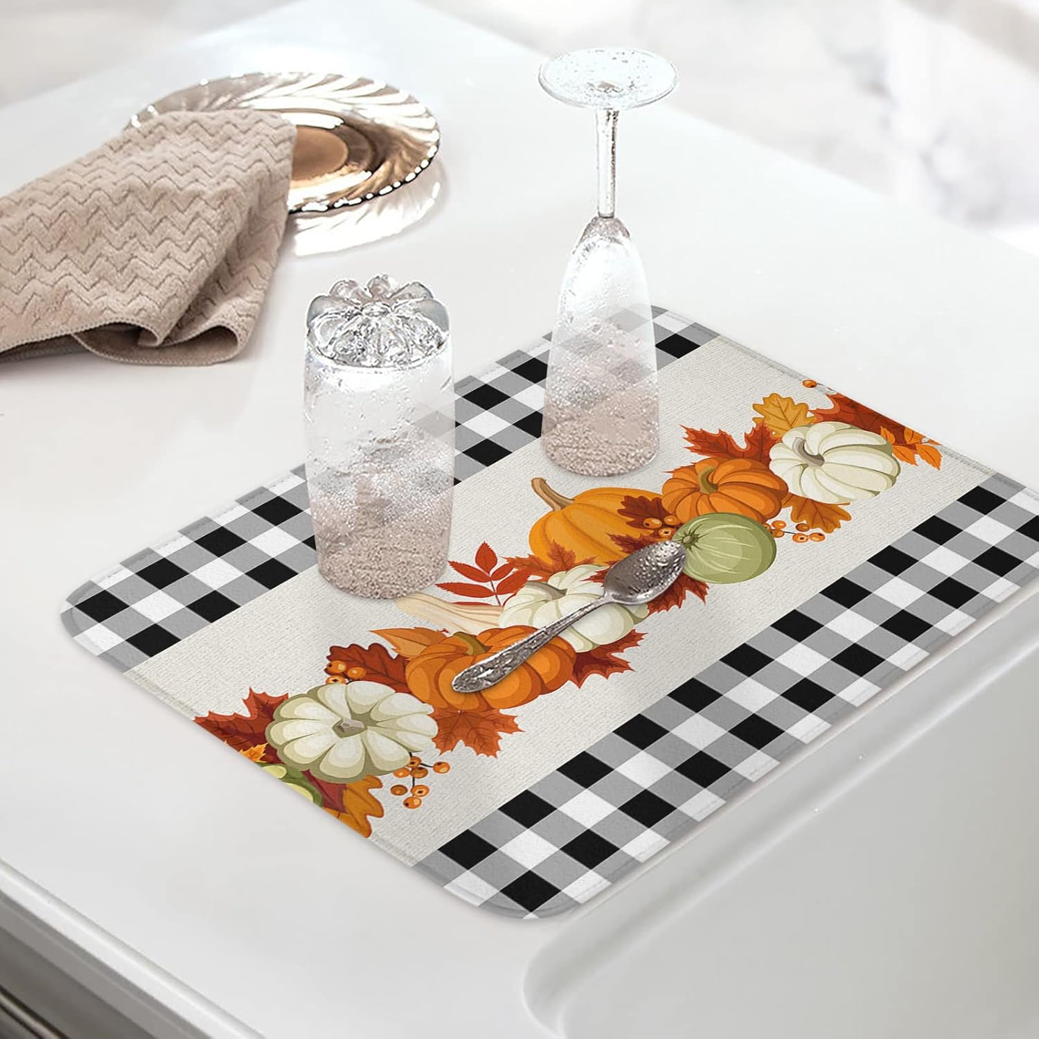 Fall Harvest Pumpkins Dish Drying Mats for Kitchen Counter,Buffalo Check Black White Microfiber Absorbent Dish Drainer/Rack Mat,Reversible Hangding Quick Drying kitchen Drying Mat,18x24inch