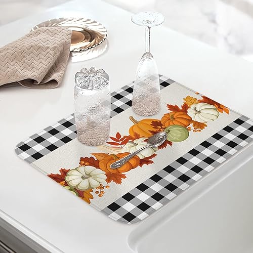 Miniatura 5 de Alfombrillas de secado de platos de calabazas de otoño para encimera de cocina, 2 piezas, búfalo a cuadros negros y blancos absorbentes de