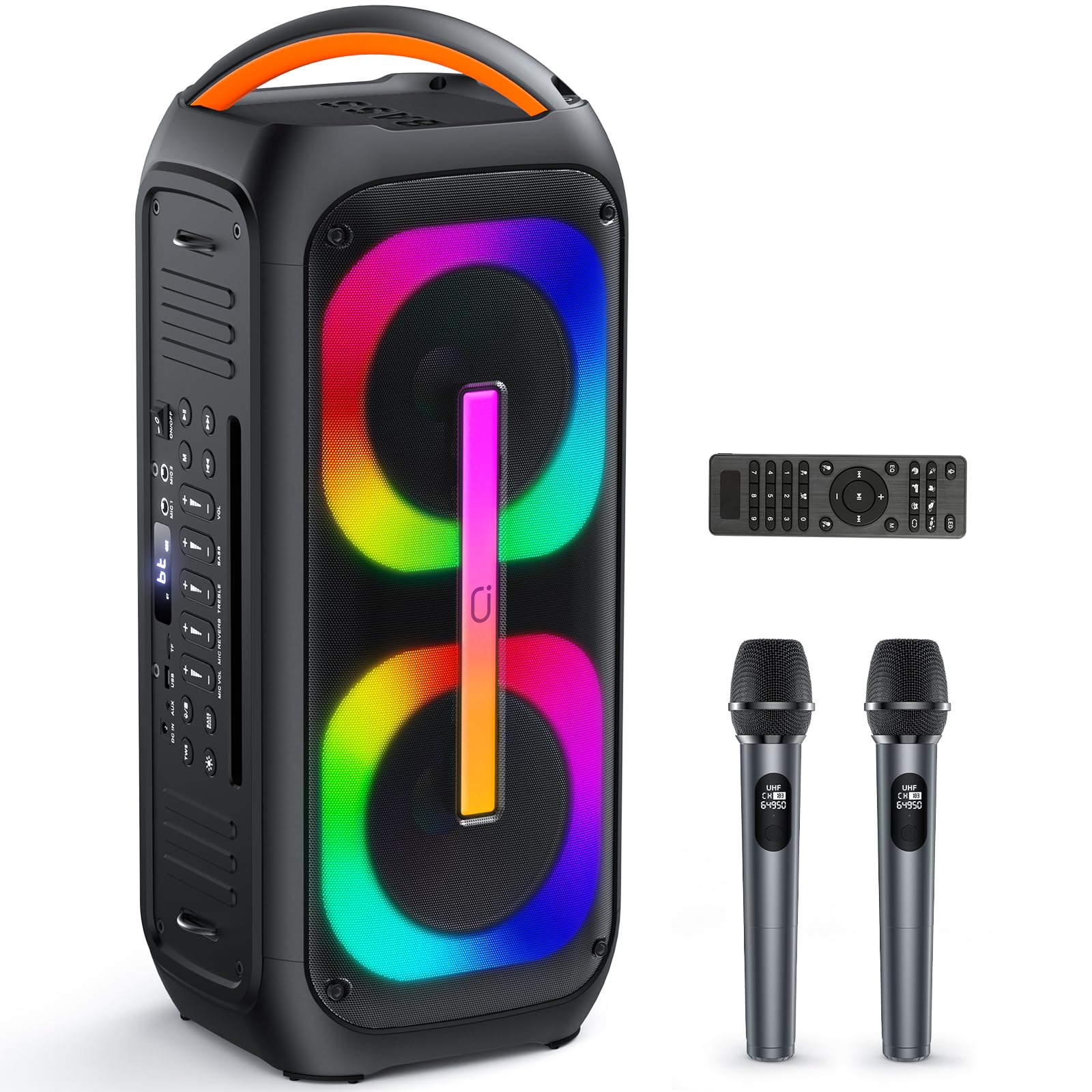 JAUYXIAN Machine de Karaoké avec 2 Microphones, Grande Enceinte Bluetooth Portable avec Éclairage RGB, Système de Karaoké pour Karaoke, Réunions Famille, Système Sonorisation Adultes