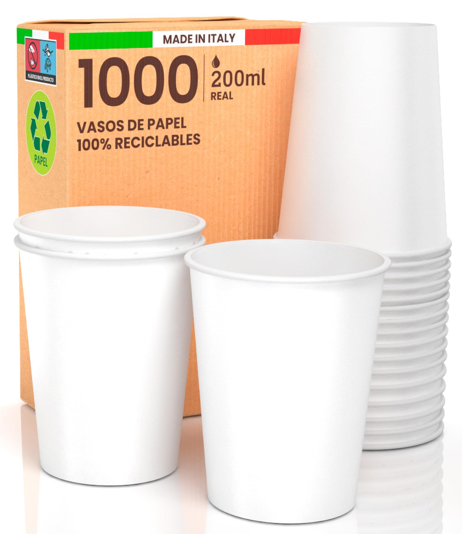 1000 vasos de papel de 200 ml, blancos, desechables, ecológicos, biodegradables, agua | Baciato Caffè Fabricado en Italia. Para llevar bebidas calientes. Producto fabricado y empaquetado en Italia
