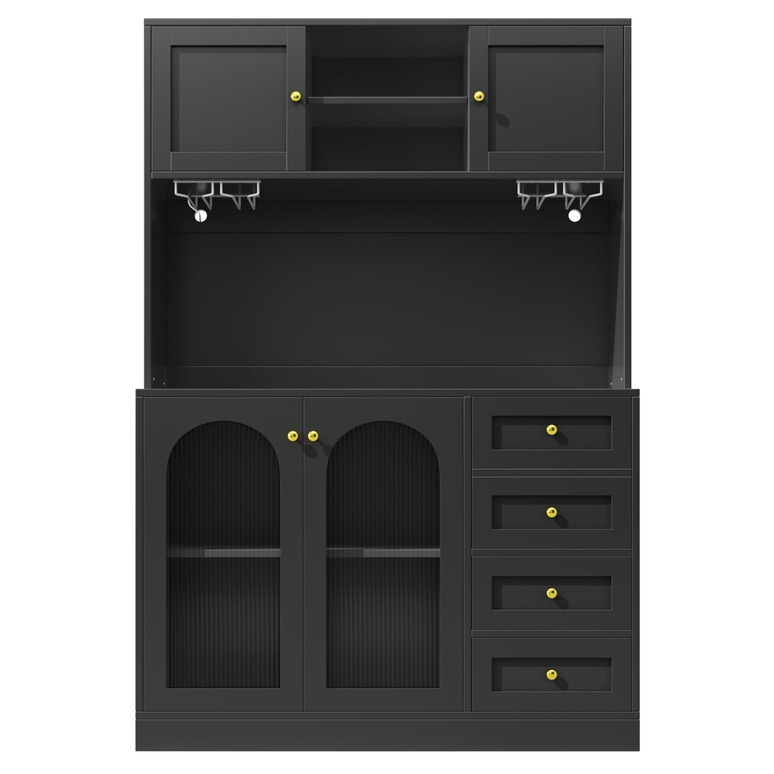 Mobile da cucina a buffet, 120 x 40 x 188 cm, stile rustico, 4 ante, con striscia luminosa a LED e porta bevande, colore nero.