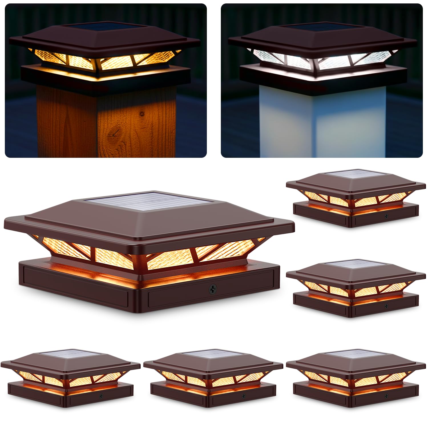 SIEDiNLAR Solar Post Cap Lights Outdoor 2 Modes 6 Pack Brown, (Warm/White)