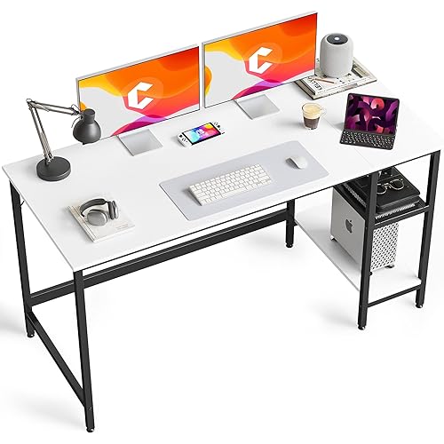 CubiCubi Computer Home Office Desk, 55 Inch Desk Study Writing Table with Storage Shelves, Modern Simple PC Desk with Splice Board,White Finish