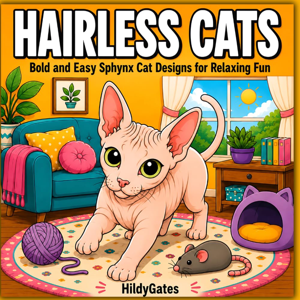 Hairless Cats: Bold and Easy Sphynx Cat Designs for Relaxing Fun (HildyGates Cozy Creatures)