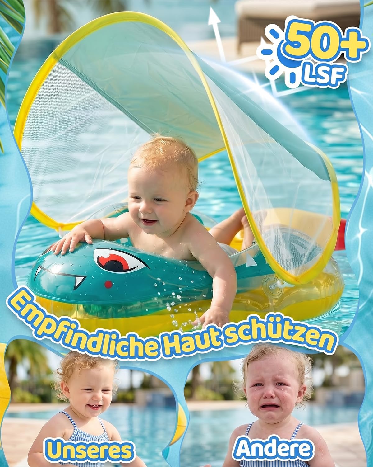 Baby Schwimmring mit UPF50+ Sonnendach Entfernbar, Premium Baby Float, Schwimmhilfe verstellbare Schultergurte, Schwimmtrainer, mit aufblasbarer Swimming Float für ab 6-36 Monate(7-16kg)