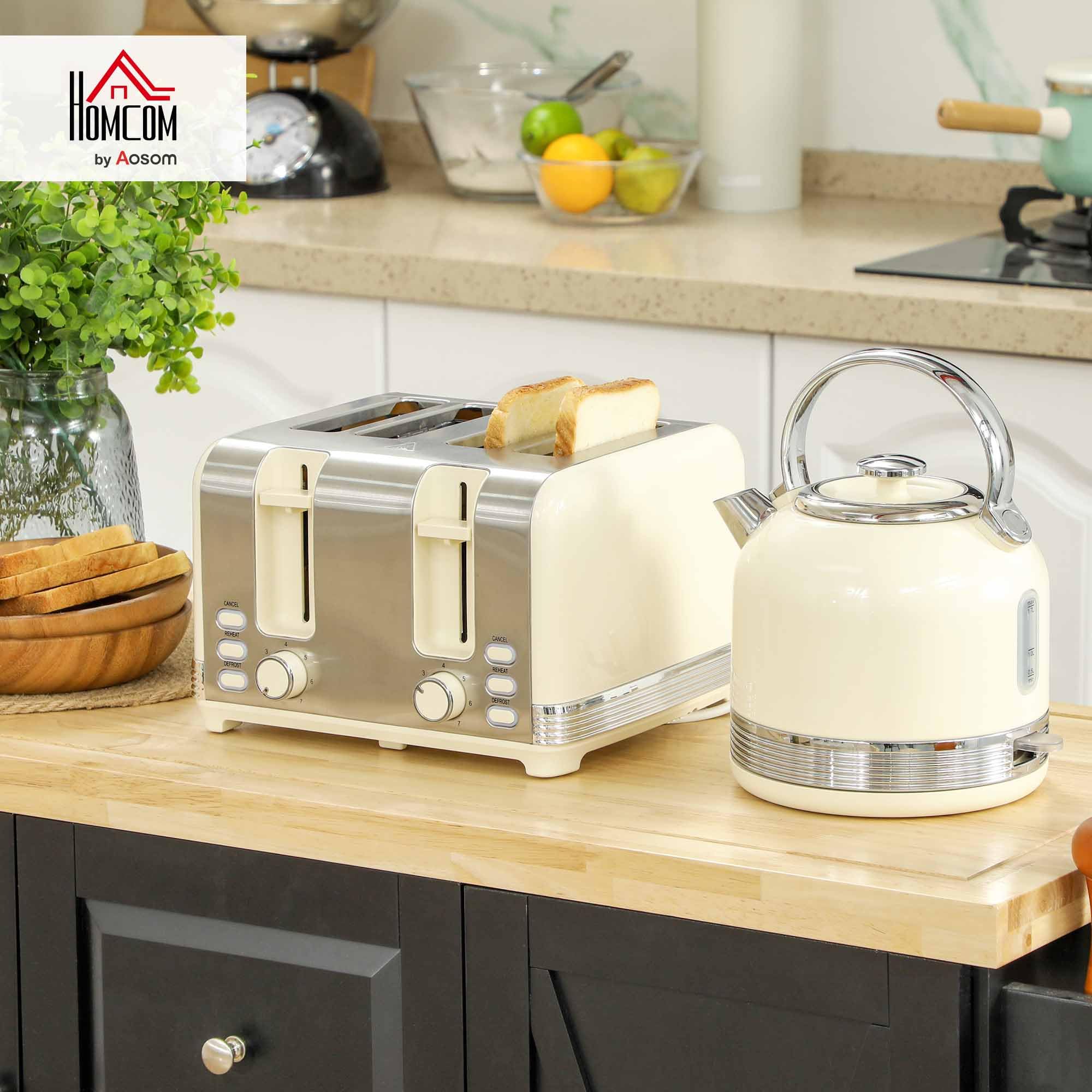 HOMCOM Ensemble bouilloire et grille-pain 2200 W, bouilloire inox 1,7 L, grille-pain 4 tranches, 7 niveaux brunissage, crème