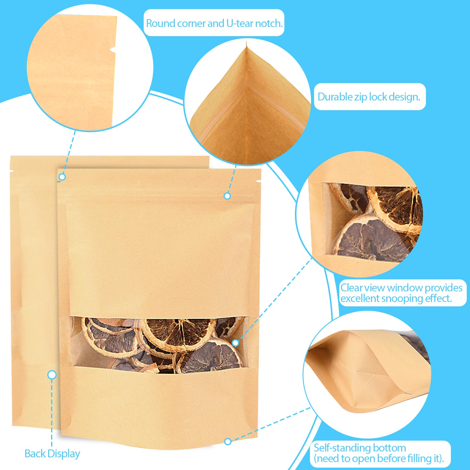 Bolsas de Papel Kraft Con Ventana 200 Unidades, Bolsas de Embalaje 20x30 cm, Bolsas de Papel Para Frutos Secos, Dulces, Granos de Café, Hojas de Té
