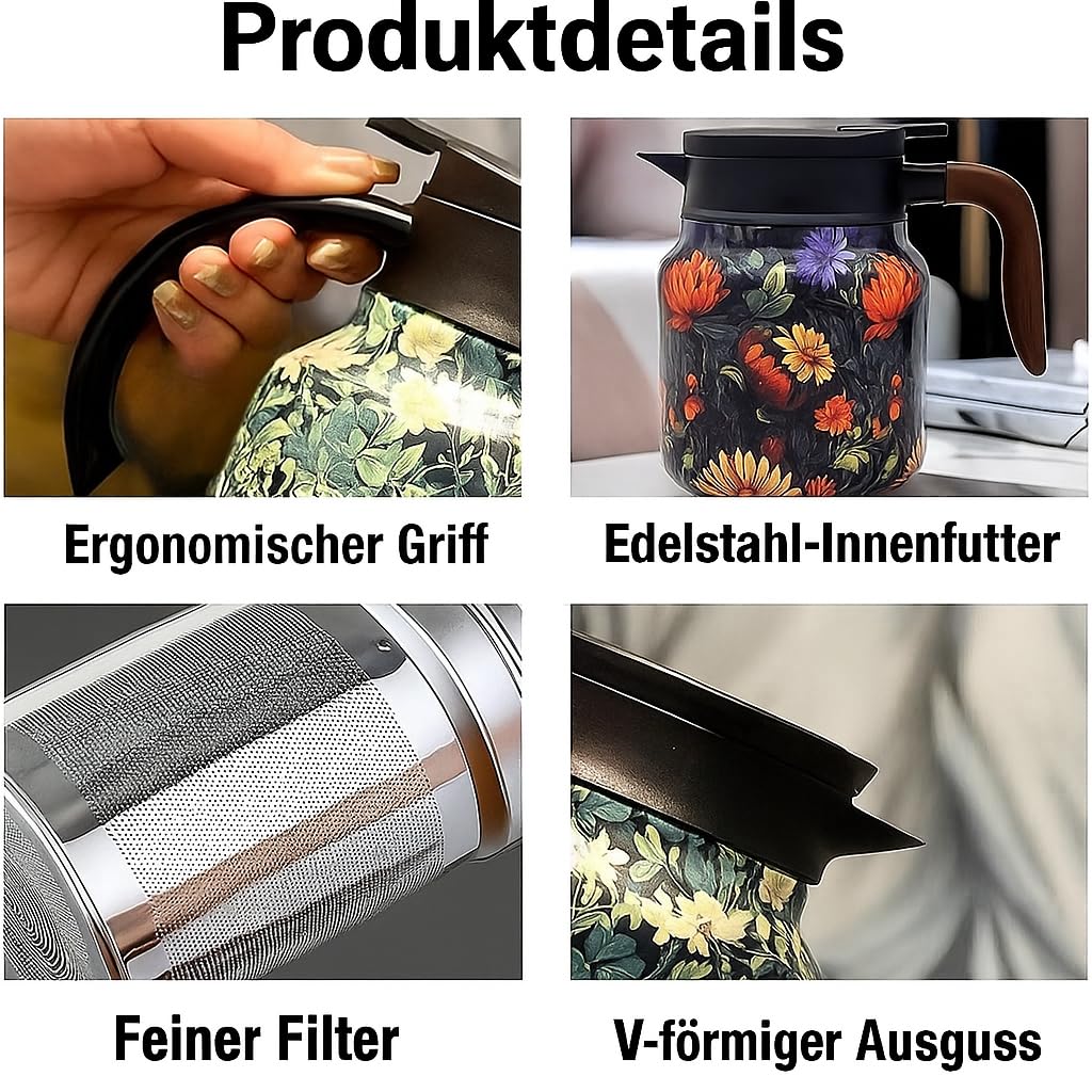 Teekanne mit Siebeinsatz 1000ml Glas – Doppelwandige Thermoskanne für losen Tee, Isolierte Teekanne mit Teesieb, Transparentes Design für Home & Office (M,1000ML)