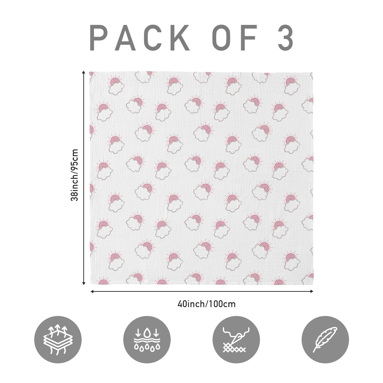Soarwg Kids Muslin Swaddle Baby Blanket & Cloths for Newborns Pack of 3, Large 95 x 100cm for Baby Shower - Image 2