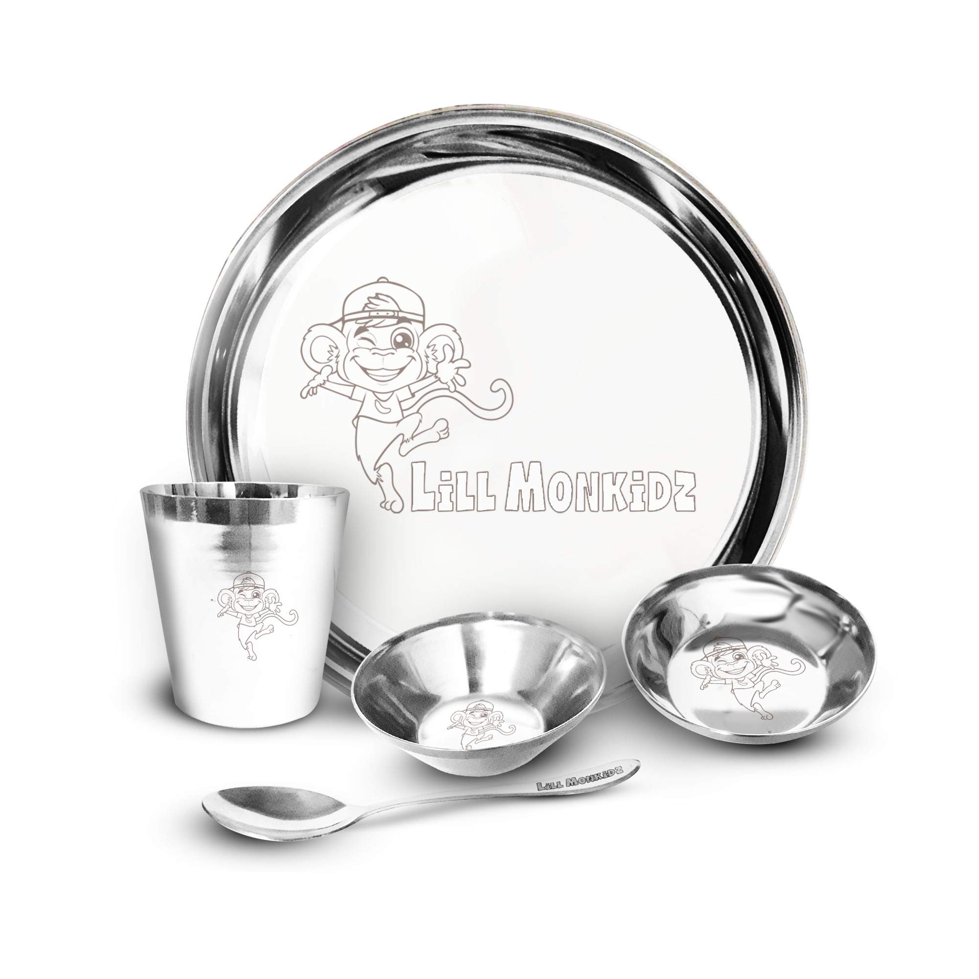 LiLLMONKiDZ Stainless Steel Mirror Polish Laser Printed Baby Monkey Cartoon Kids Dinner and Cutlery Set, 1 thali, 1 Spoon, 1 Fork, 1 halwa Plate, 1 Bowl, 1 Glass, 1 Tumbler(7 pcs Set)