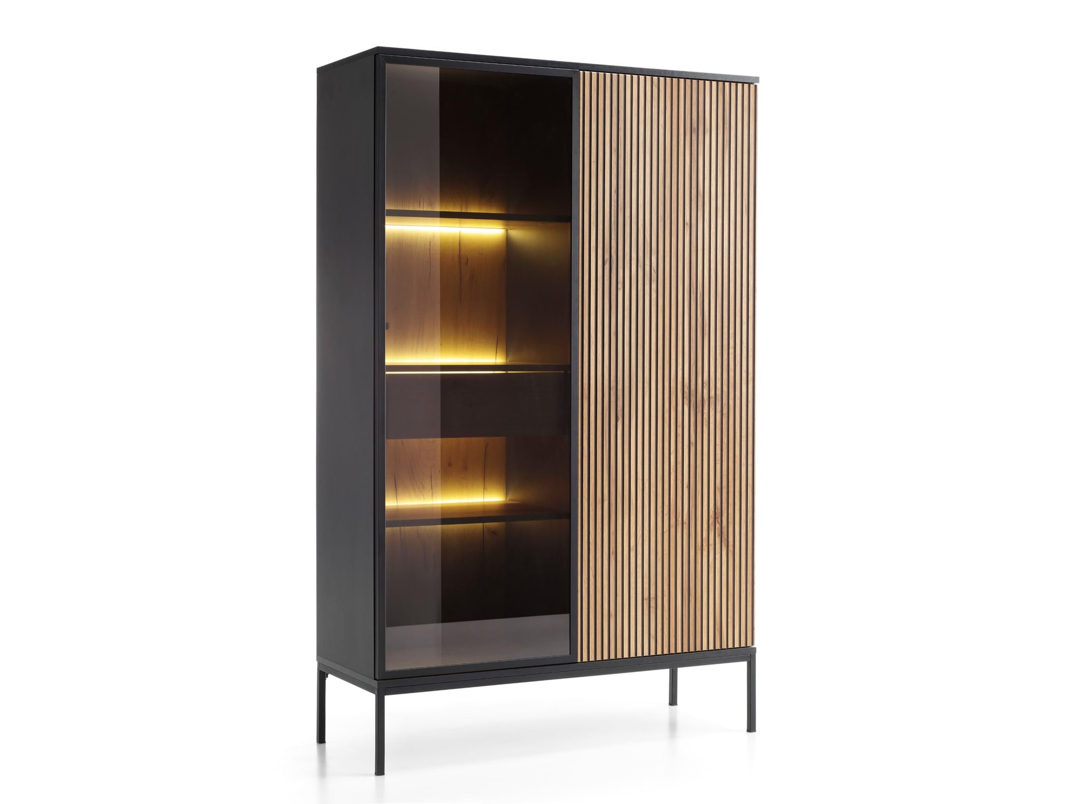 Daveno Vitrinenschrank 100 cm, Glasvitrine Stehend - Highboard, Vitrine, Glasvitrine Schwarz mit LED und Lamellen - 166 cm hoch