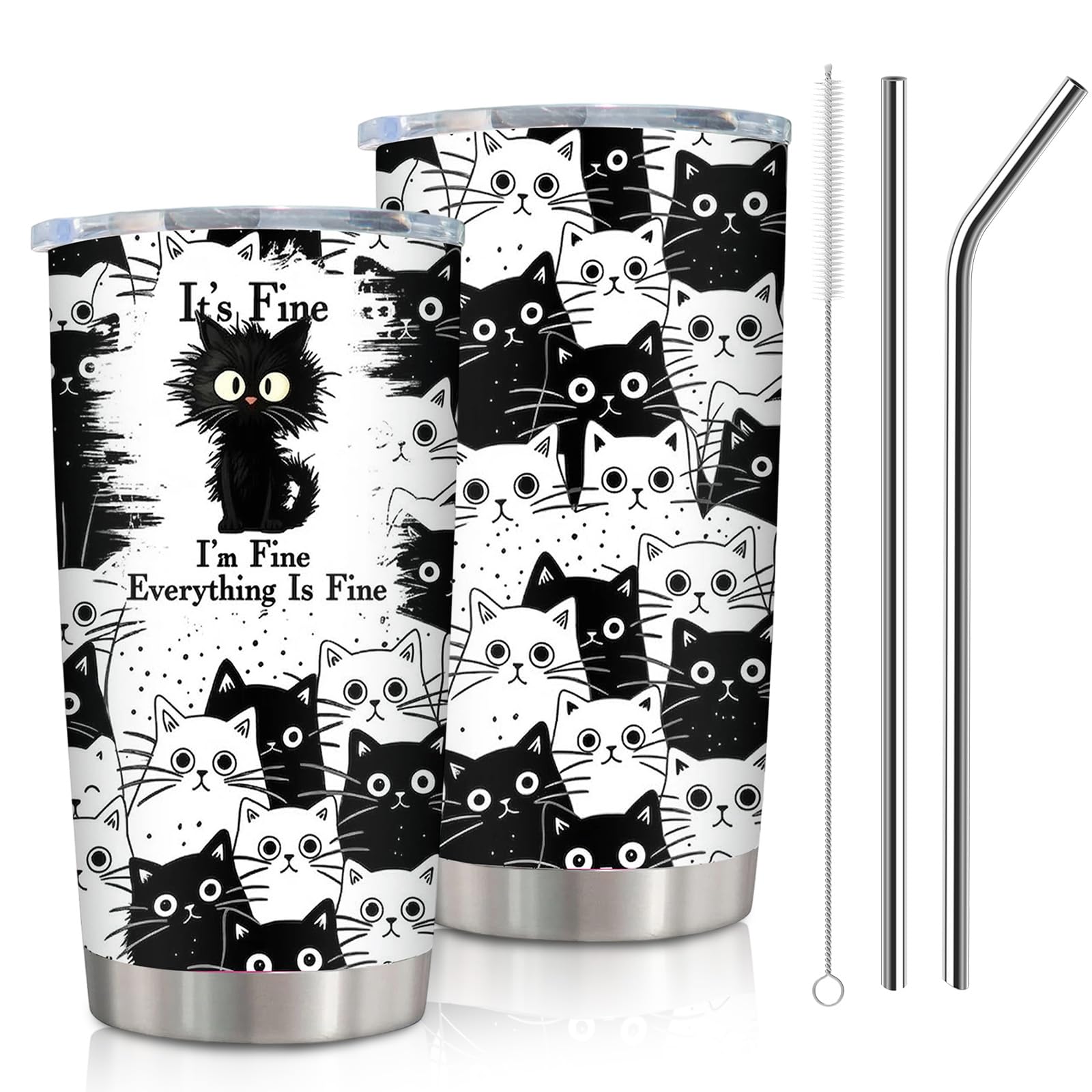 Nodrex Black Cat Stainless Steel Tumbler, Insulated Coffee Travel Mug with Straw Lid, Leak-Proof Travel Coffee Mug 600 ml, Cute Cat Cup Gift for Cat Lovers, Water Bottle for Women Men