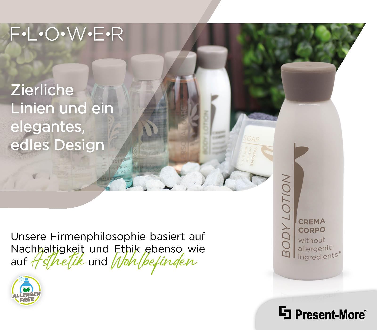 Present-More Body Lotion 30ml Flower - Körpercreme 250 Stücke für Hotels und B&B | Allergenfreie Körpercreme mit Duftnoten von weißer Tee