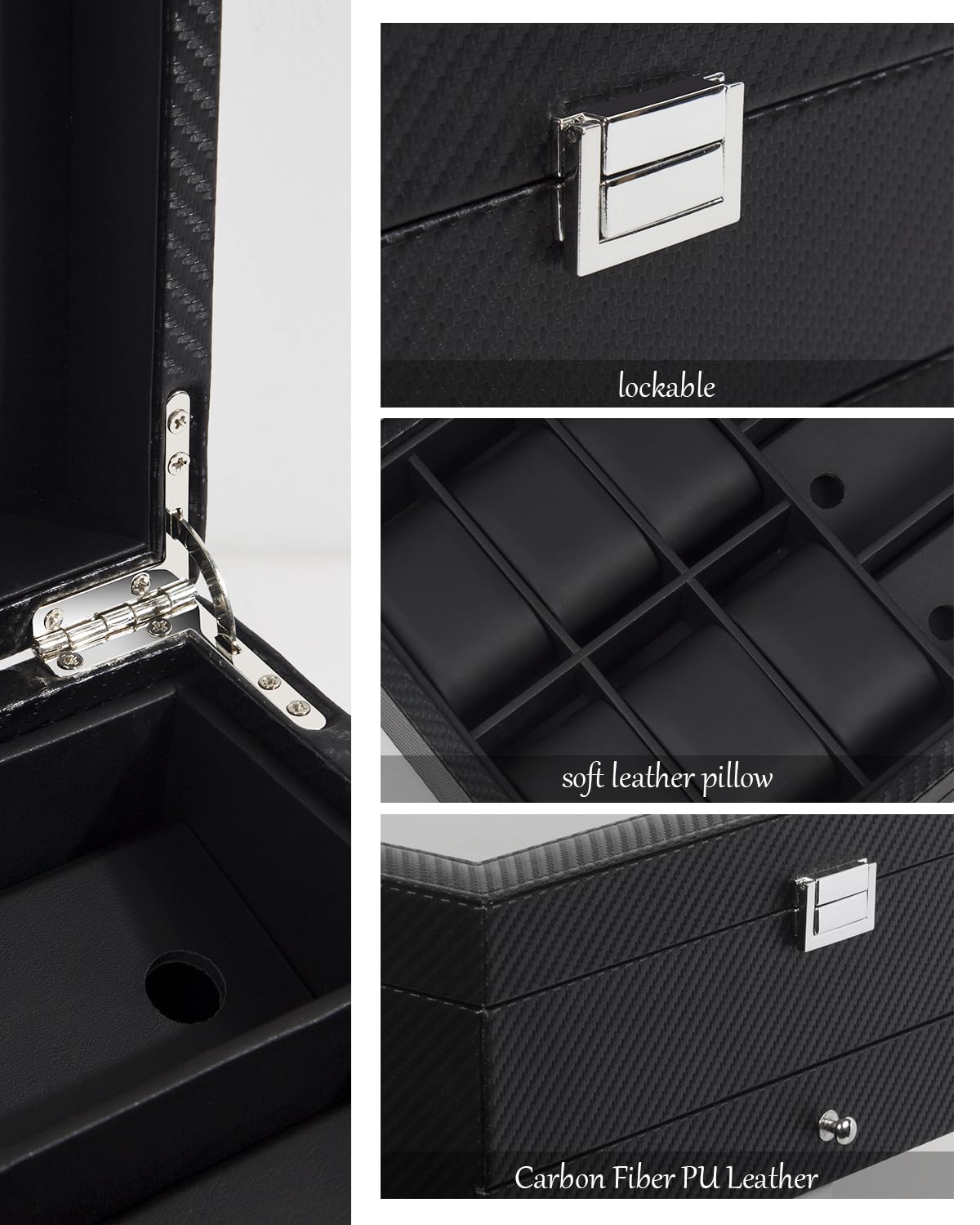 Caja de reloj, caja de reloj con 6 ranuras, organizador de gafas de 3 compartimentos, joyero para hombre con tapa de cristal transparente, doble capa con cerradura de llave, regalo, color negro