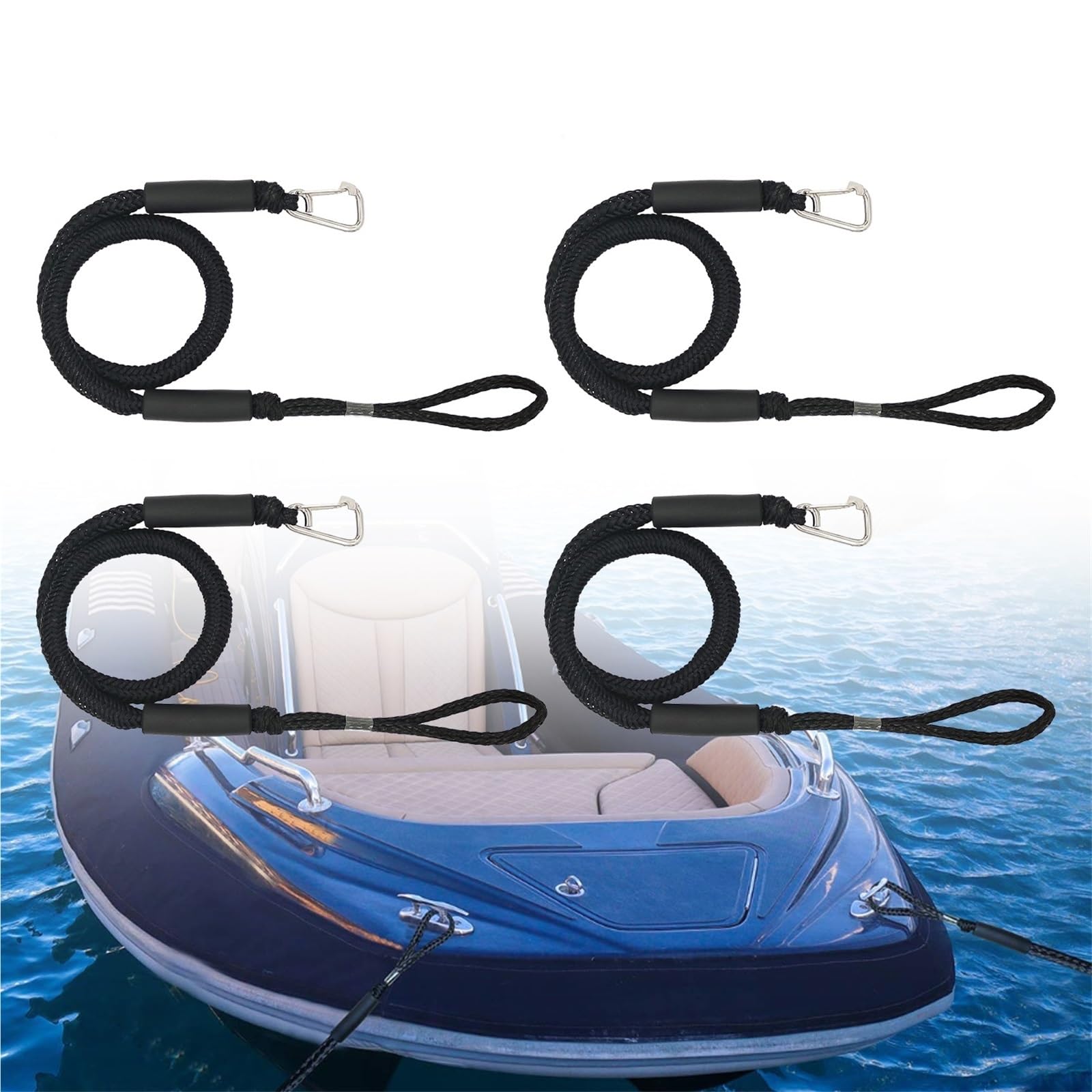 Soywim Black 4Pcs Mooring Rope, Boat Ropes Docking Line Mooring Rope With Stainless Steel Clip Accessories For Watercraft Jet Ski Pontoon Canoe Power(Black 4Pcs)