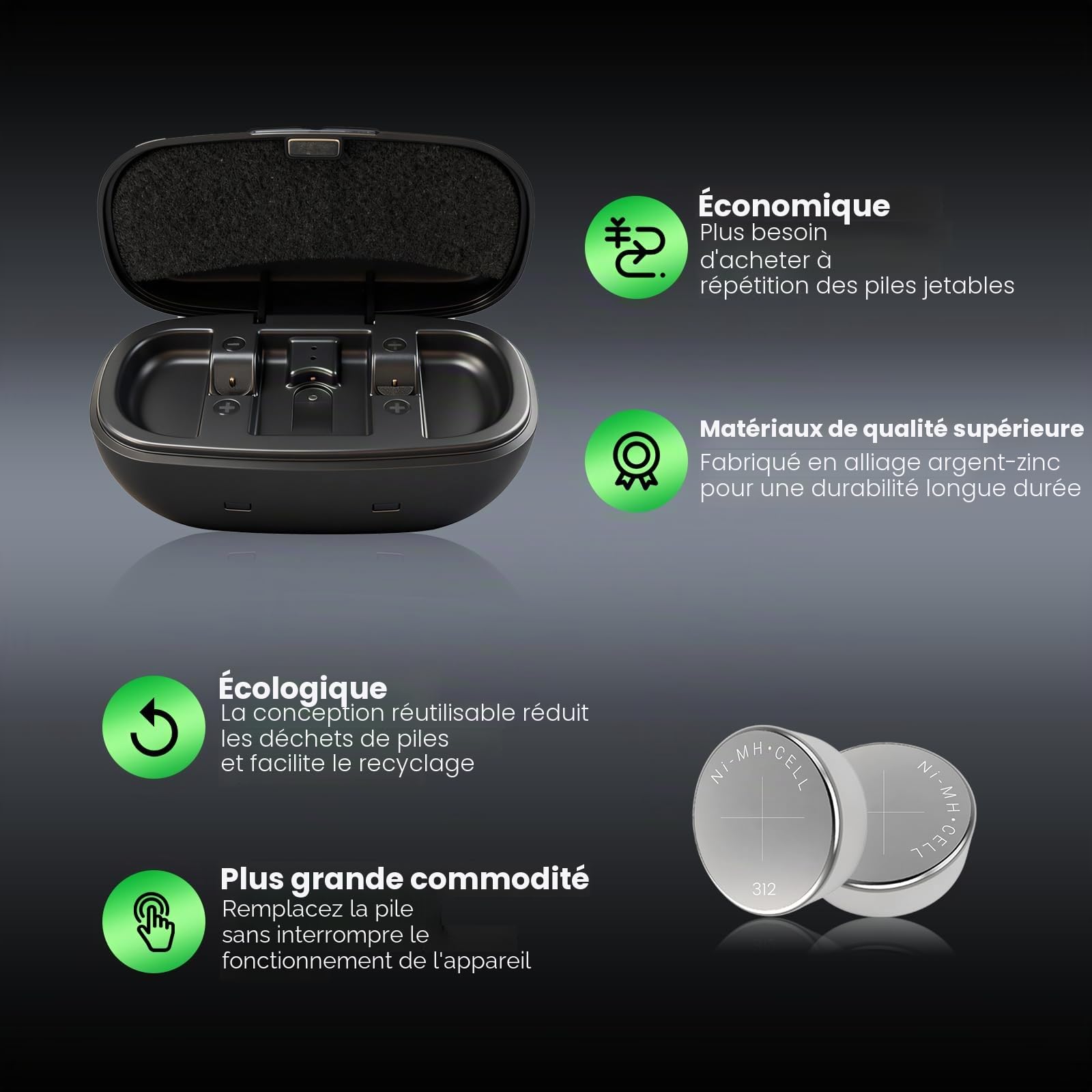 Lot de 8 piles rechargeables 312 pour appareils auditifs avec chargeur de batterie, piles rechargeables taille 312 et étui de chargement, autonomie de 8 à 10 heures pour appareils non Bluetooth (8