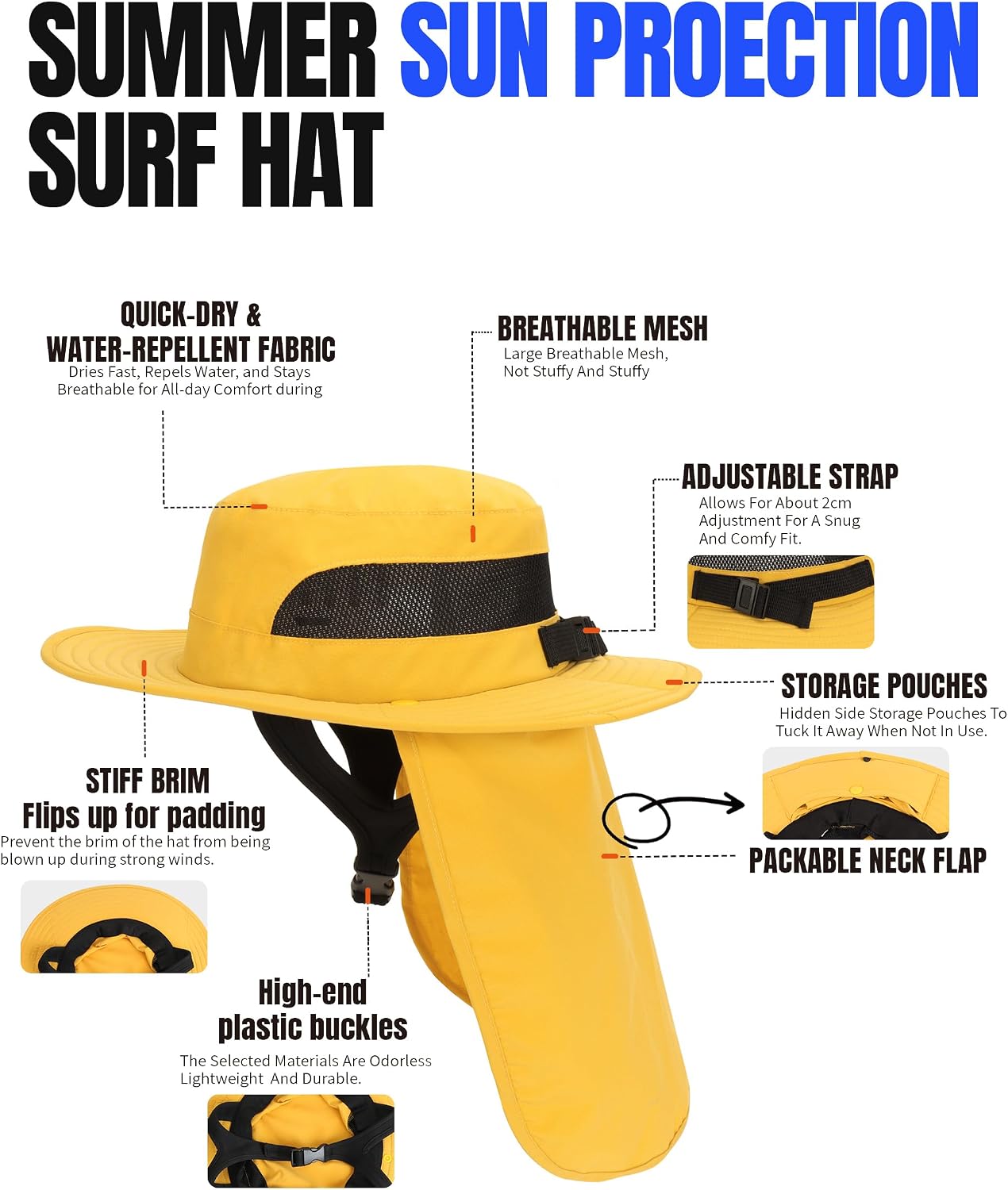 Sun Hat for Men Women UPF 50 Protection Safari Cap Wide Brim Fishing Hiking Hat with Neck Flap Yellow