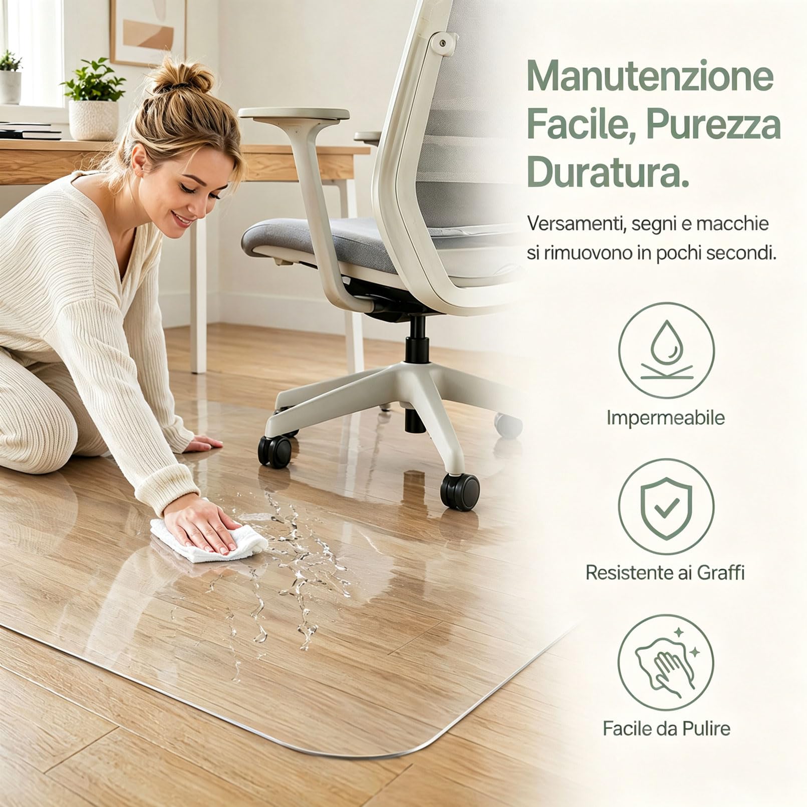 Tappeto sedia rotelle multifunzione trasparente 135x365cm 1,5 mm tappetino salvapavimento antiscivolo rigido, ruote scorrevoli, lavabile duraturo parquet linoleum domestico