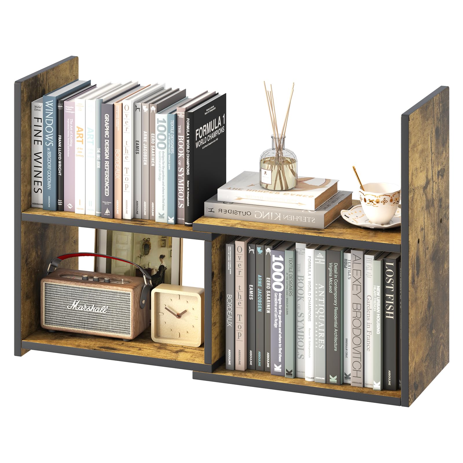 Bookshelf Desktop Small Shelves Black Vintage Edge Organizer Wooden Telescopic Book Shelf,Vintage Brown Storage Shelf Book Stand Holder, Adjustable Decoration Book for Office Bedroom