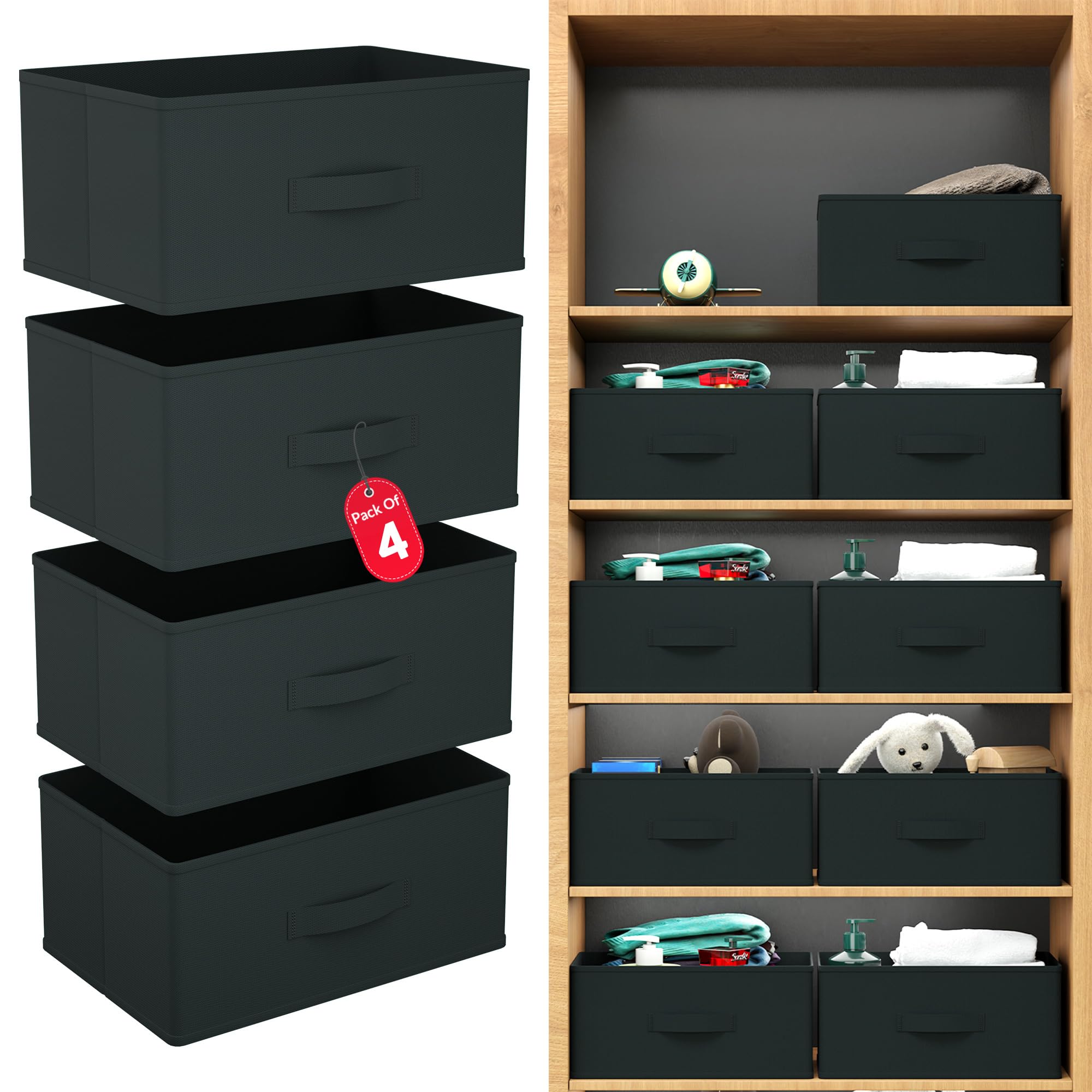 Kuber Industries 4 Stück Vlies-Kleiderschrank-Organizer zur Aufbewahrung, Schubladen-Organizer, Mehrzweck-Organizer, Aufbewahrungsbox für Kleidung, Bücher und Spielzeug, Schwarz