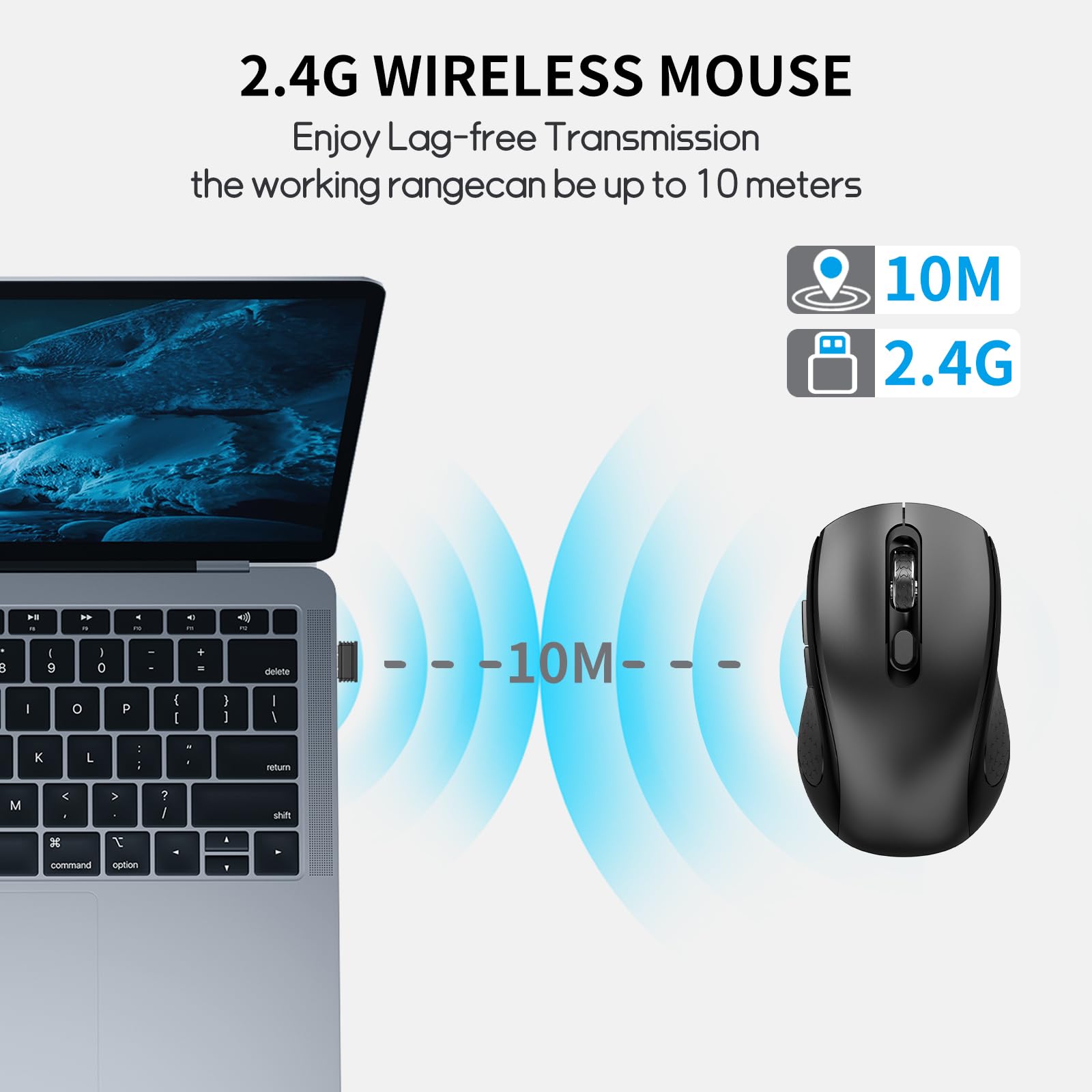 Ergonomische 6-Tasten-Maus, leise, kabellos, Seitentaste, schwarz, kein Licht | 1000/1600/2400 DPI, Anti-Rutsch-Rolle, USB-Nano-Empfänger, kompatibel mit Laptop, PC, Chromebook, Mac & MacBook
