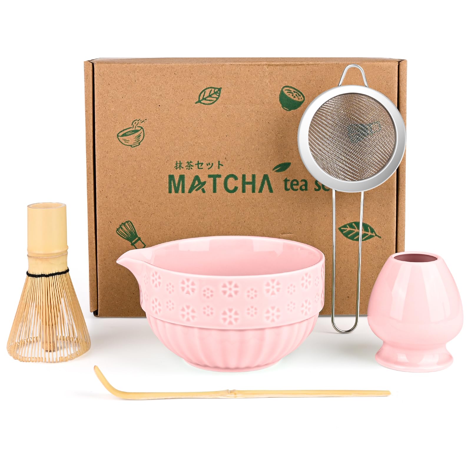 5-teiliges Matcha-Set, japanisches Teeservice, Matcha-Schüssel aus Bambus (Chasen), Löffel (Chashaku), Matcha-Scheibenhalter, Edelstahl-Sieb (Rosa mit Ausguss)