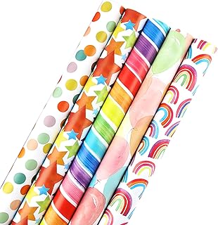 HBell Wrapping Paper Rolls,5 Rolls 44cm x 3M Gift Wrapping Paper,Birthday Wrapping Paper Roll,Rainbow Wrapping Paper Roll, Suitable for Birthday,Party, Wedding,Baby Shower,Festive Decorations