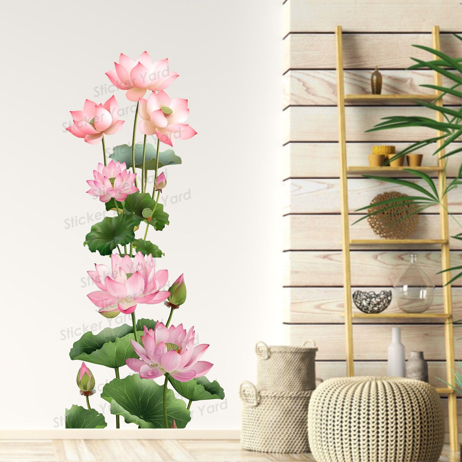 Sticker Yard PVC Vinyl Green Lotus Flower Floral Self-Adhesive Wall Sticker for Home Decor/Decoration - Living Room, Bedroom, Kids Room (Multicolor,Size 41X95CM)-image-18