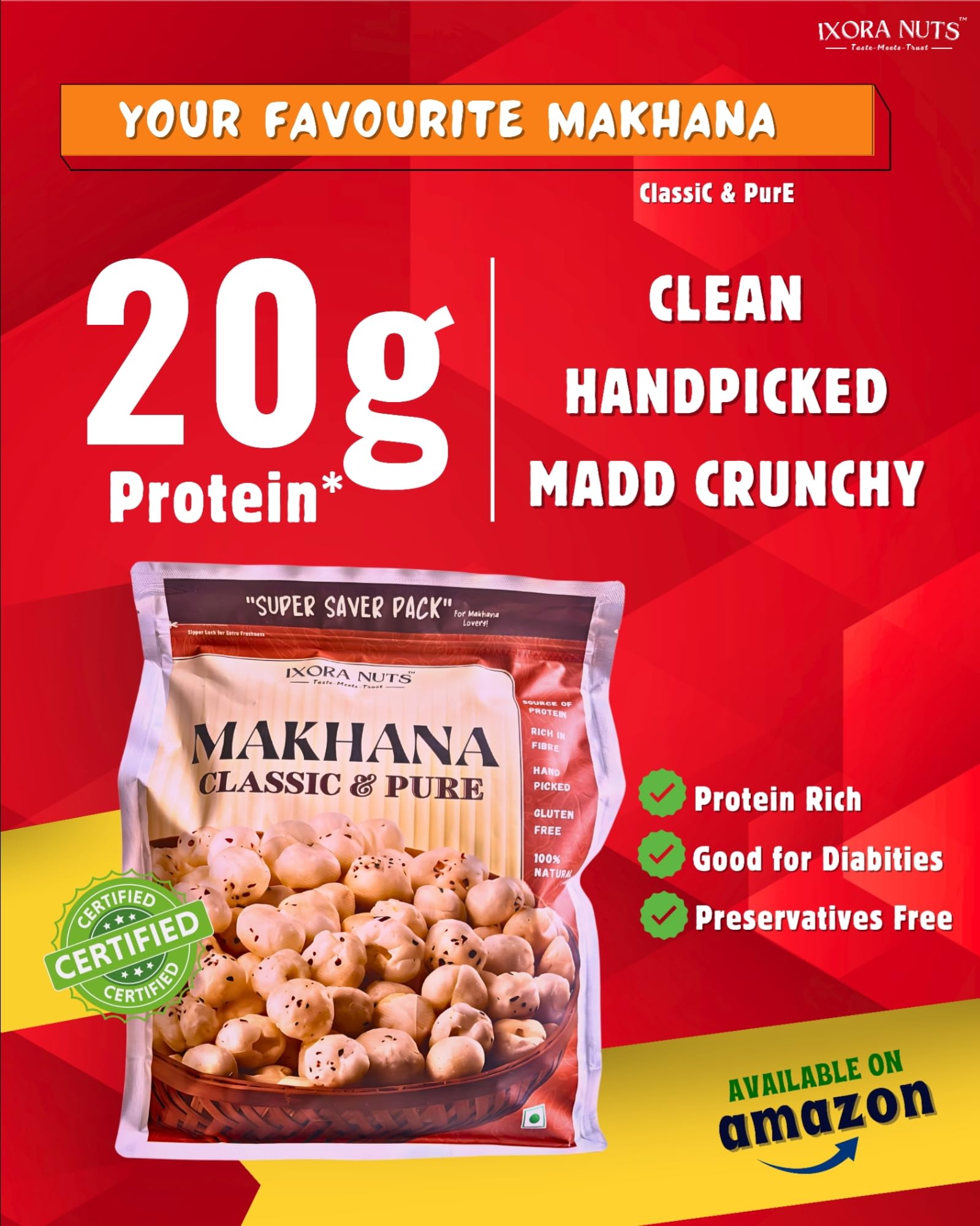 Ixora Nuts Makhana | Classic & Pure | Fit for Fasting, Raw Foxnut, Phool Makhana for Prasadam, Premium Lotus Seeds, Rich in Calcium, Natural & Crunchy, Direct from farm, No Added Preservative. 200g, Pack of 2 (200g×2) 4