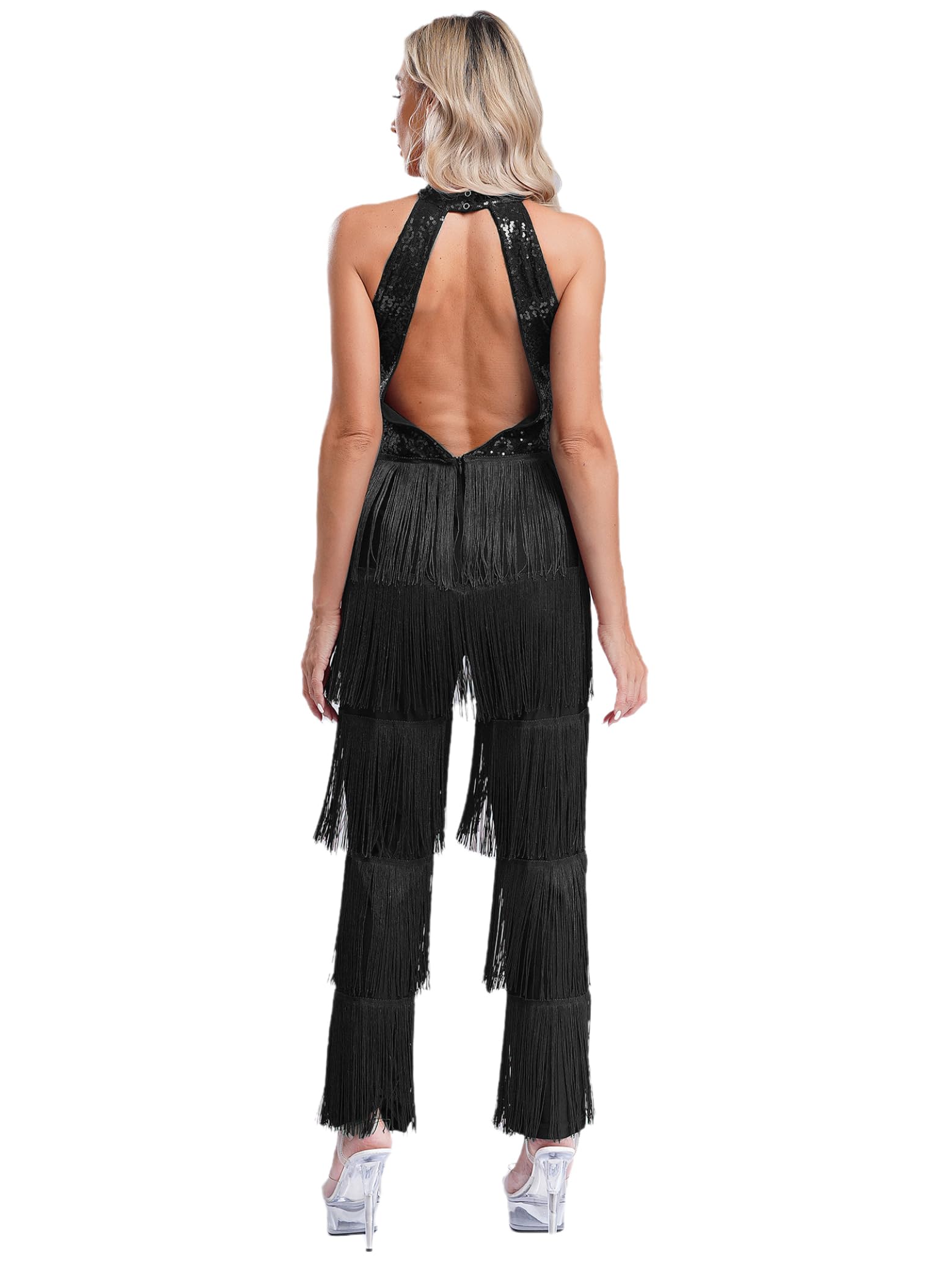 Body Da Ballo Donna Latino Body Intero Paillettes Glitter Tuta Senza Maniche Frange Nappe Pantaloni Danza Abbigliamento Danza