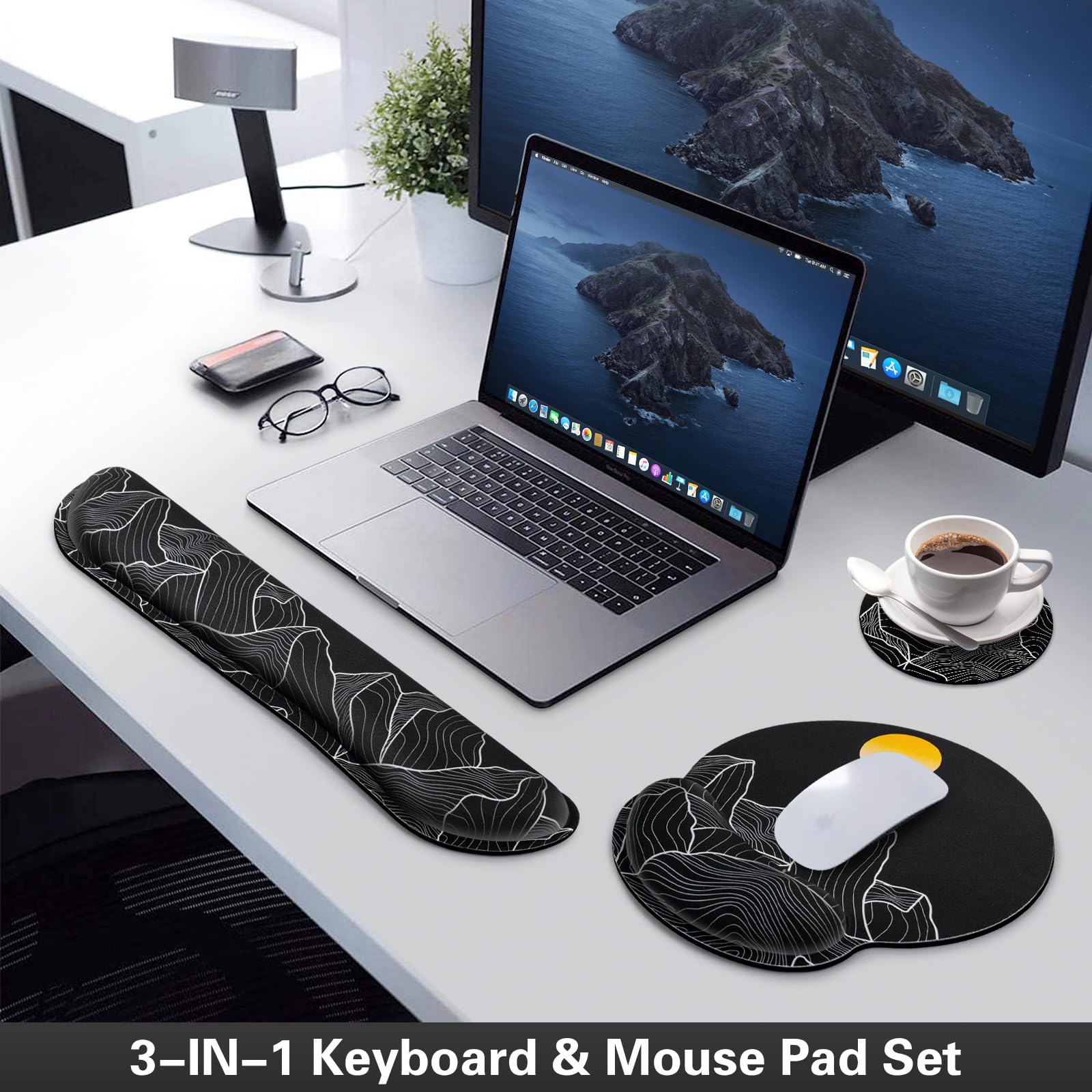 Tappetino per mouse con poggiapolsi, set 3 in 1 con supporto per il polso, tappetino per mouse da gioco con base antiscivolo, tappetino per mouse ergonomico, poggiapolsi in gel per tastiera in memory