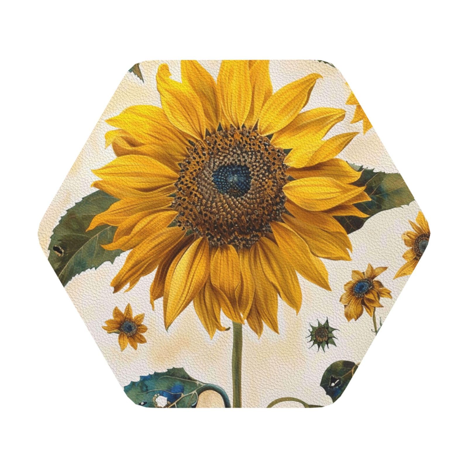 Sunflowers Print Leather Coaster Set of 6, Hexagon Coasters Table Decorative Coffee Cup Beverage Coasters Wine Beer Bar Coasters for Hot Drinks Table Protection