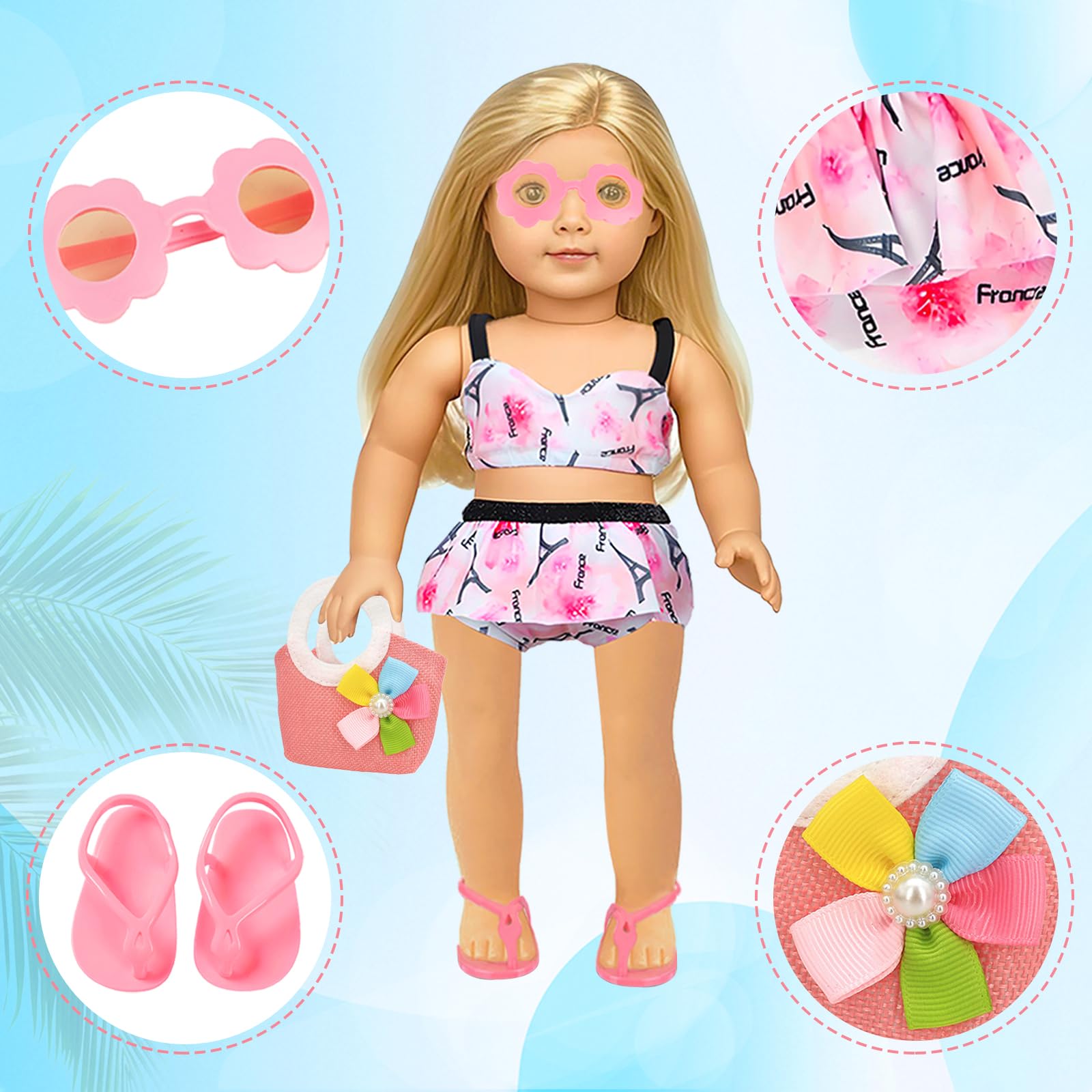 Set Di Vestiti Estivi Per Bambole 43 Cm - Costume Da Bagno Con Anello E Occhiali - 7 Pezzi Accessori - 2