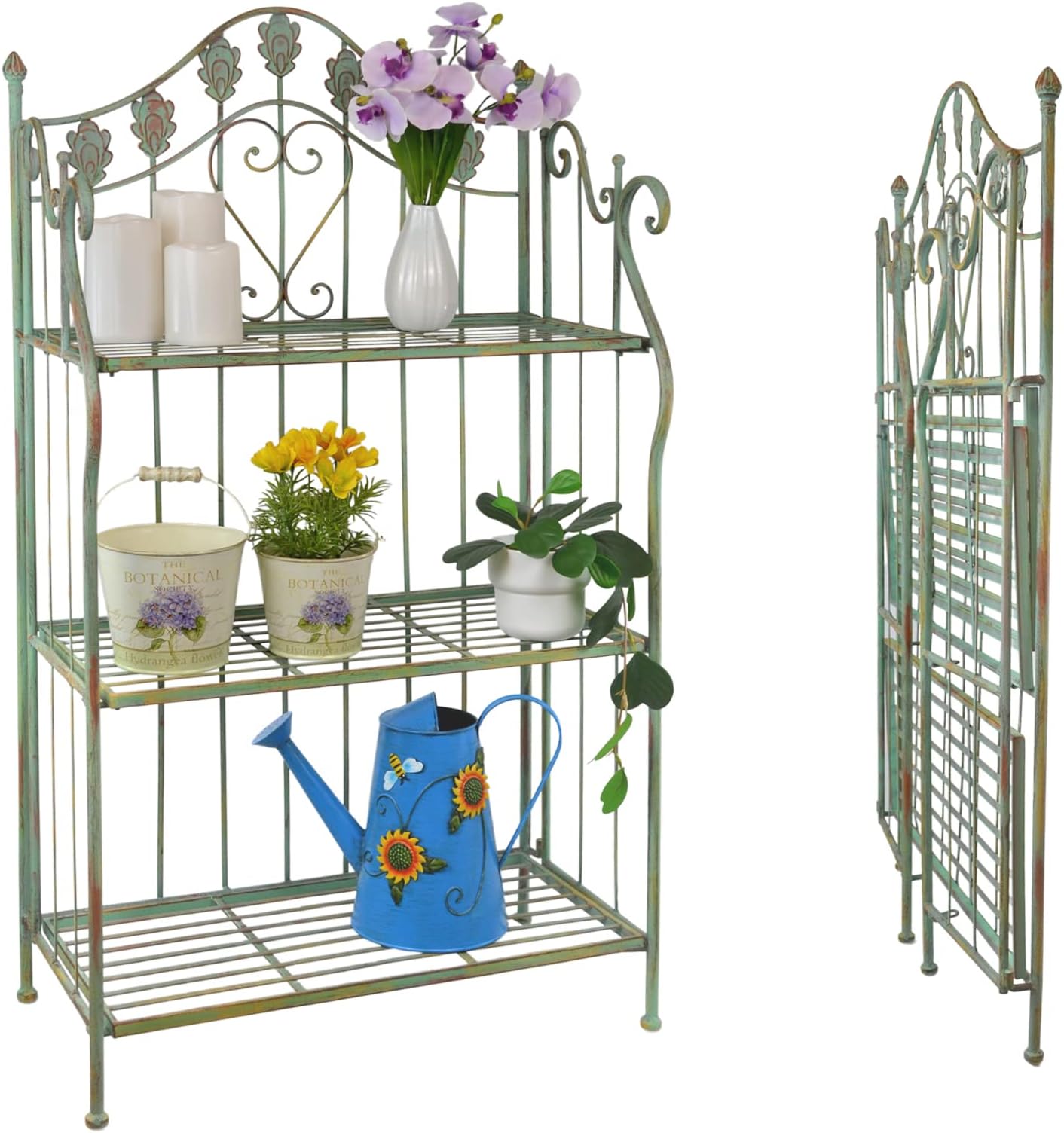 Westcharm Pre-Assembled Folding Metal Shelf | Plant Stand | Shelving Unit | Bookcase | Outdoor Baker's Rack with Scrolling Heart & Peacock Tail Motif