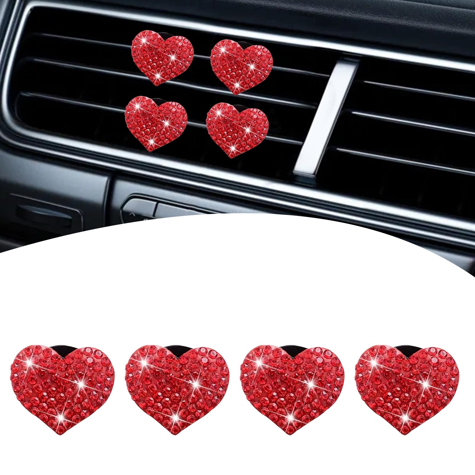 4-Pack Heart-Shaped Air Freshening Diffusers, Car Air Vent Clips, Crystal Automobile Interior Decoration, Red