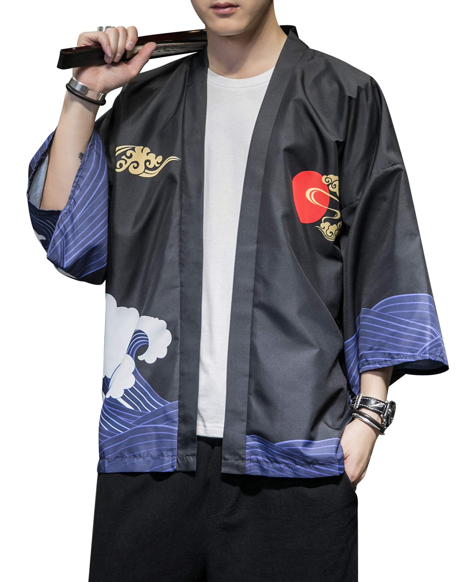 PRIJOUHE Men's Japanese Kimono Cardigan Jackets Casual Long Sleeve Open Front Coat Lightweight Yukata Outwear