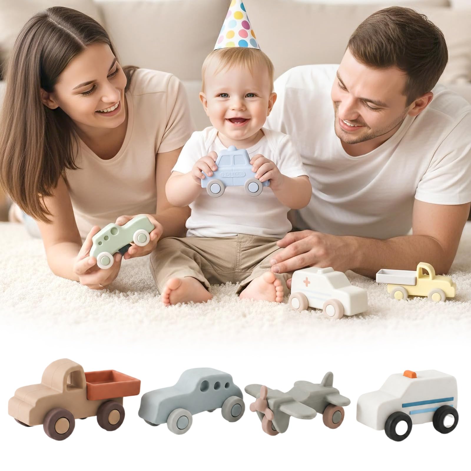 4 Stück Silikon Beißspielzeug, lustiges Auto Form, beruhigender Beißring für Babys und Kleinkinder, Unterhaltung, Linderung von Zahnungsschmerzen, sensorisches Baby Beißring Spielzeug