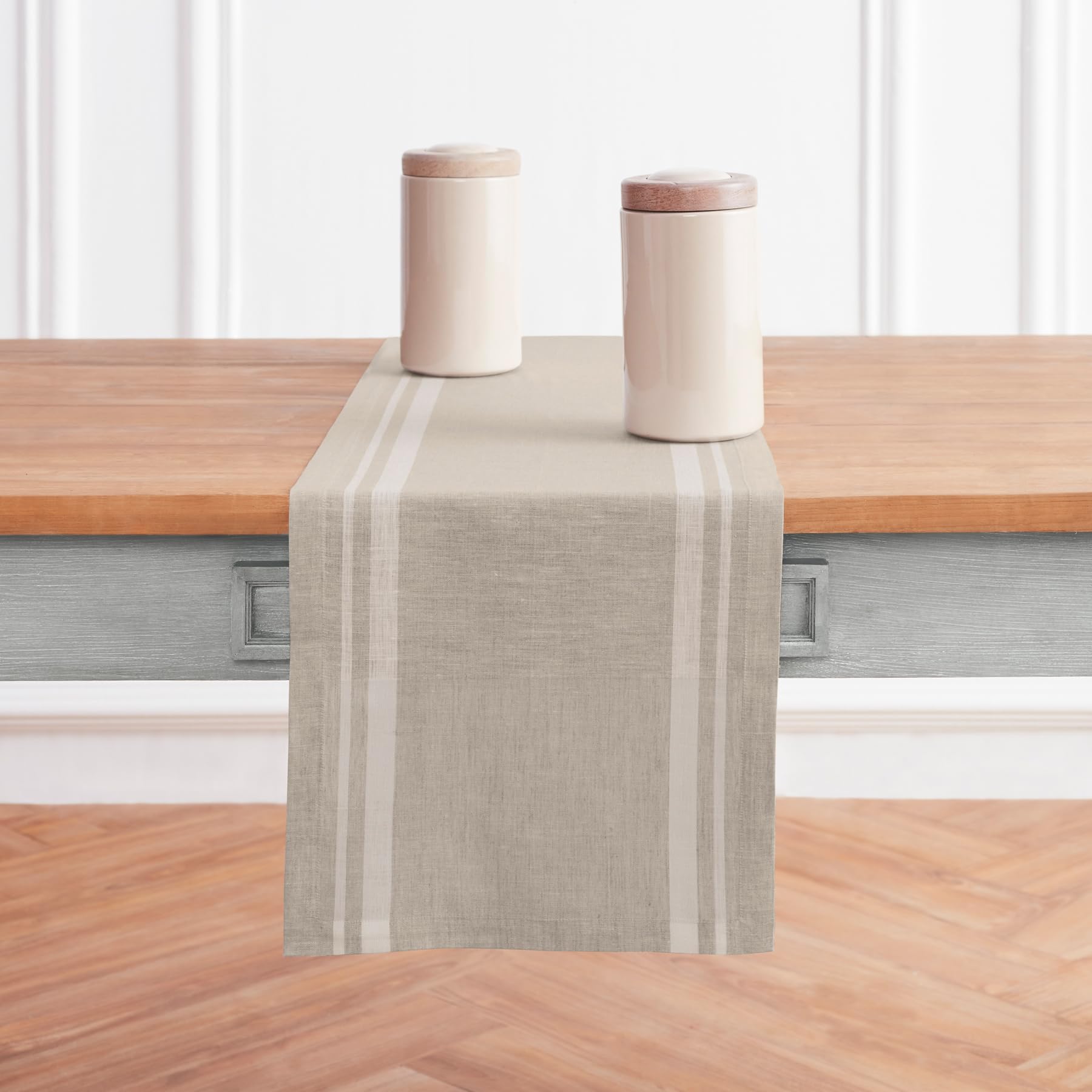 Solino Home Stripe Linen Table Runner 108 inches long – 100% Pure Linen Summer White and Natural Table Runner 14 x 108 Inch – French Stripe, Machine Washable Farmhouse Table Runner